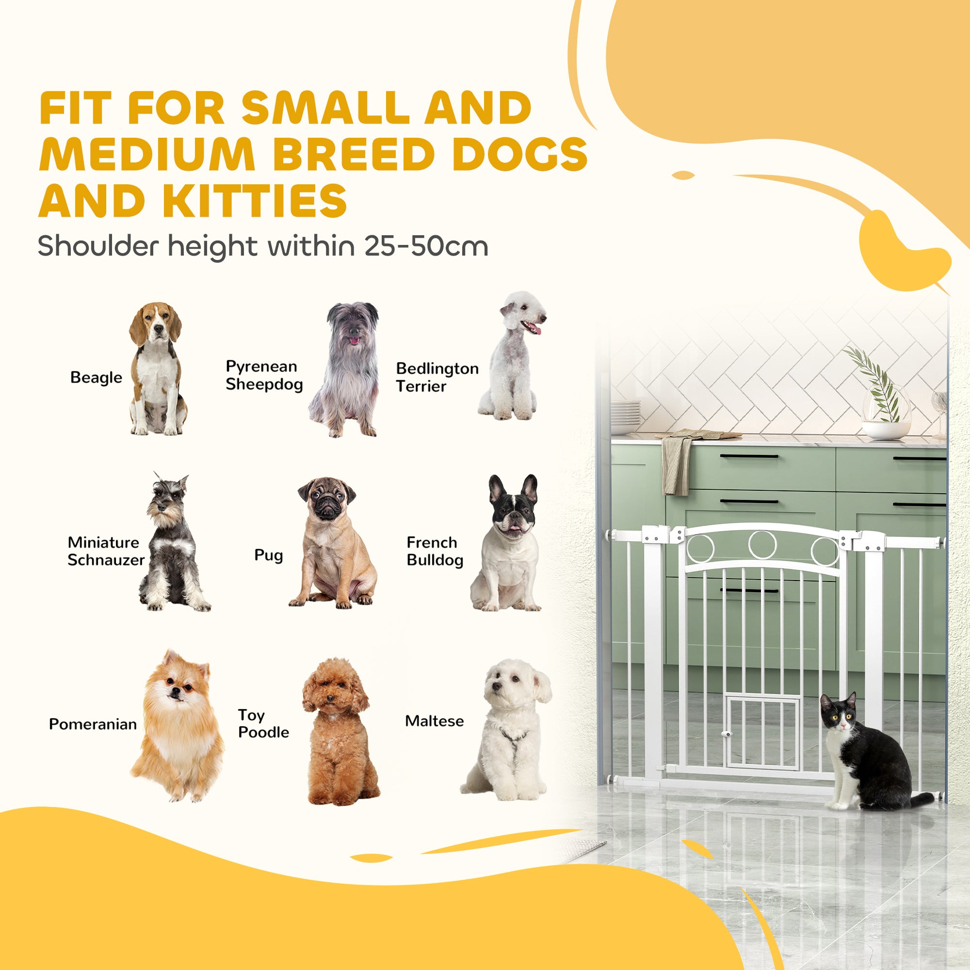 77cm Tall Dog Gate with Cat Door, 7cm and 14cm Extensions, for Stairs & Doorways, 76-104cm Width