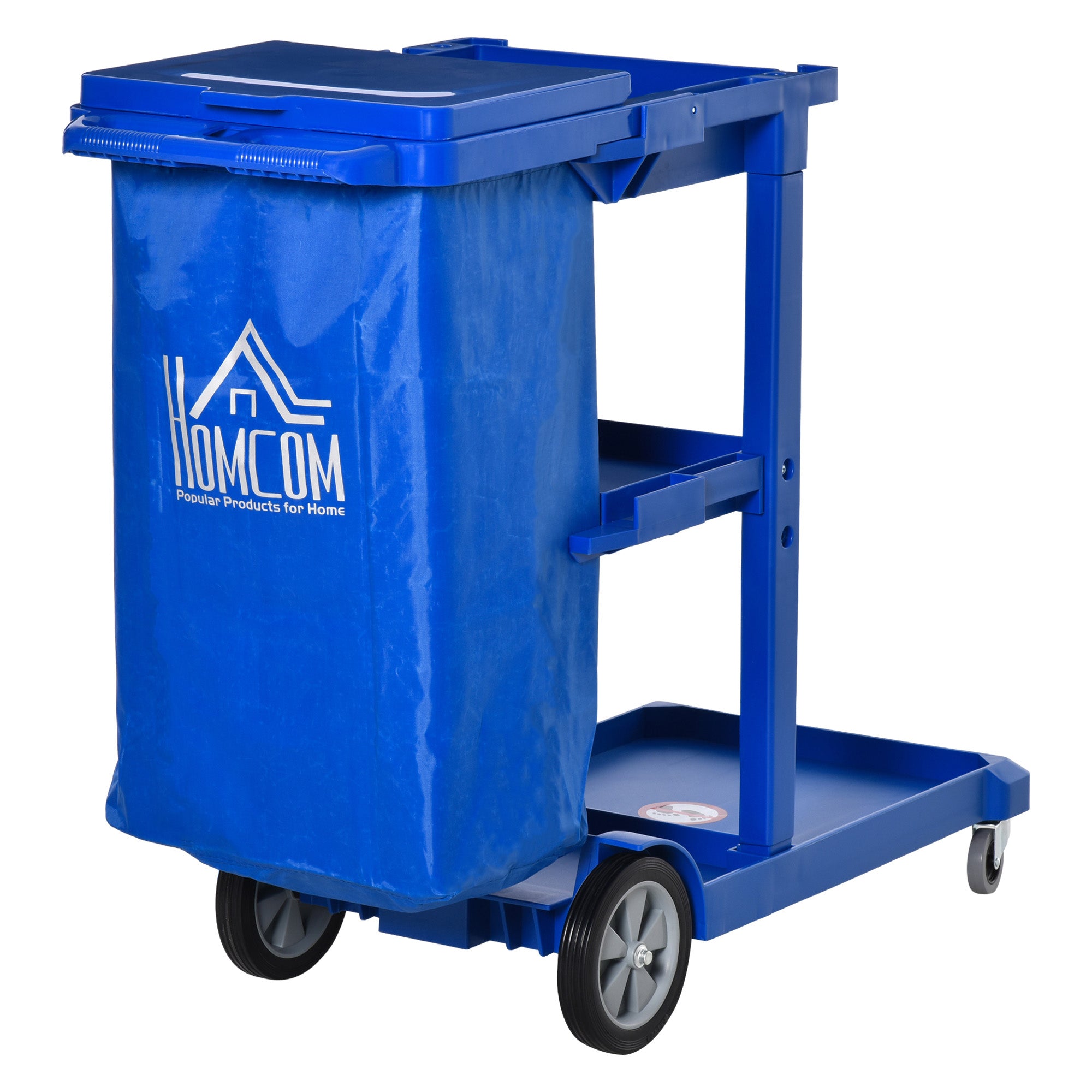 Janitor Cleaning Trolley, with Bin, Shelves and Hooks - Blue