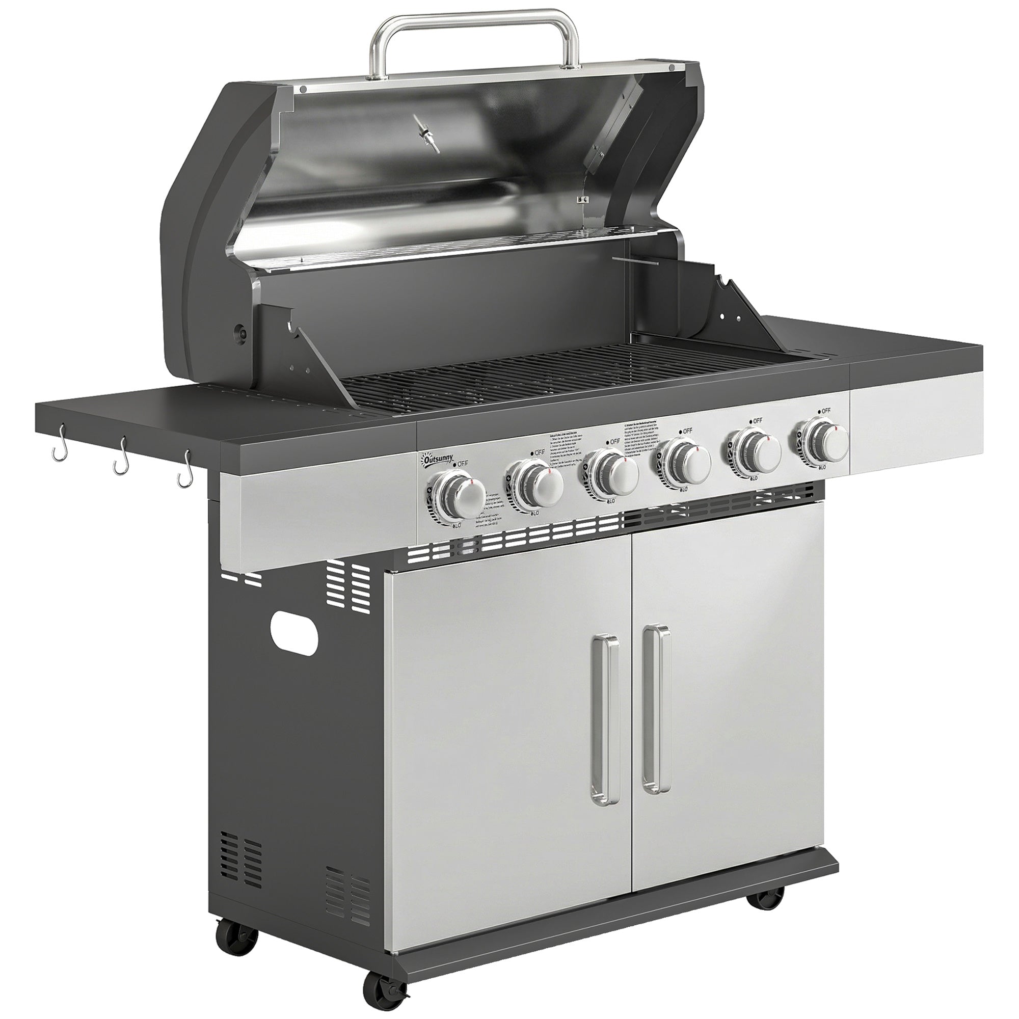 6 Burner Liquid Propane Gas BBQ Grill, Outdoor Portable Gas Barbecue Grill with Warming Rack, Side Tables, Cabinet