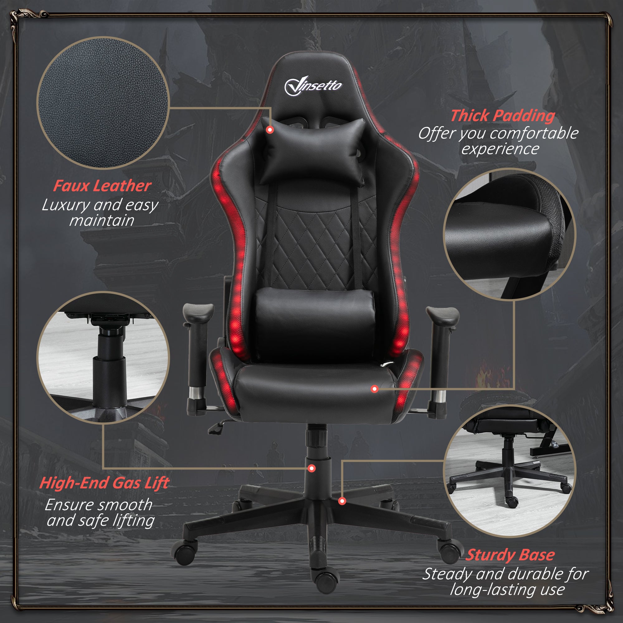 Gaming Chair with RGB LED Light, 2D Arm, Lumbar Support, Height Adjustable Swivel Office Computer Recliner, Racing Gamer Desk Chair for Home, Black