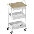 3-Tier Kitchen Storage Trolley with on Wheels Cover Top Board - White and Oak