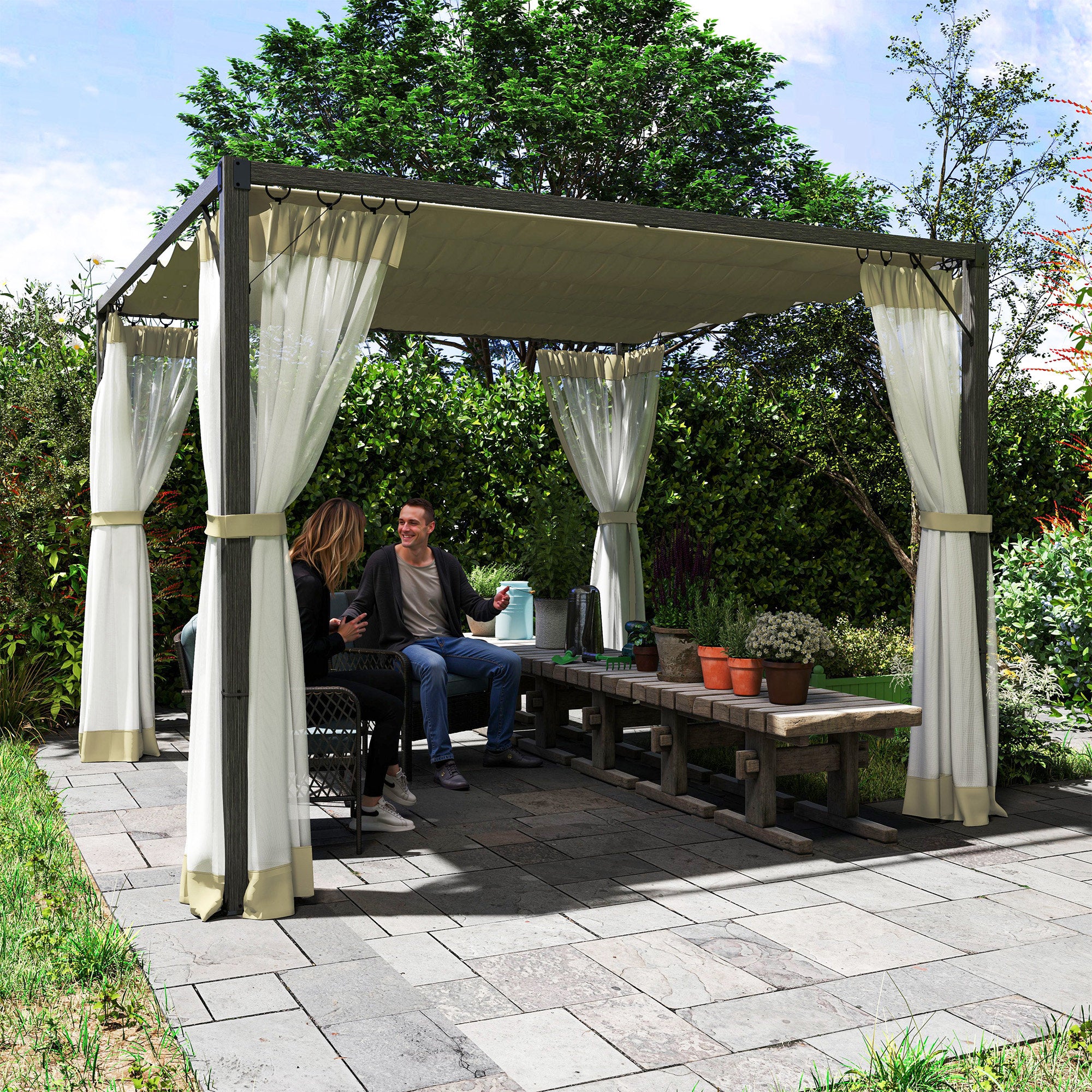 3 Metre Aluminium Frame Pergola Set with Retractable Roof - Khaki