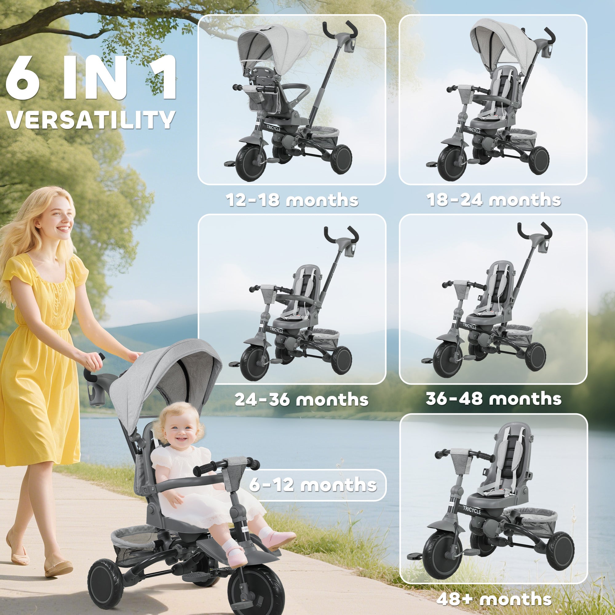 6 in 1 Foldable Kids Trike with Adjustable Parent Handle & Canopy for Ages 1-5, Grey