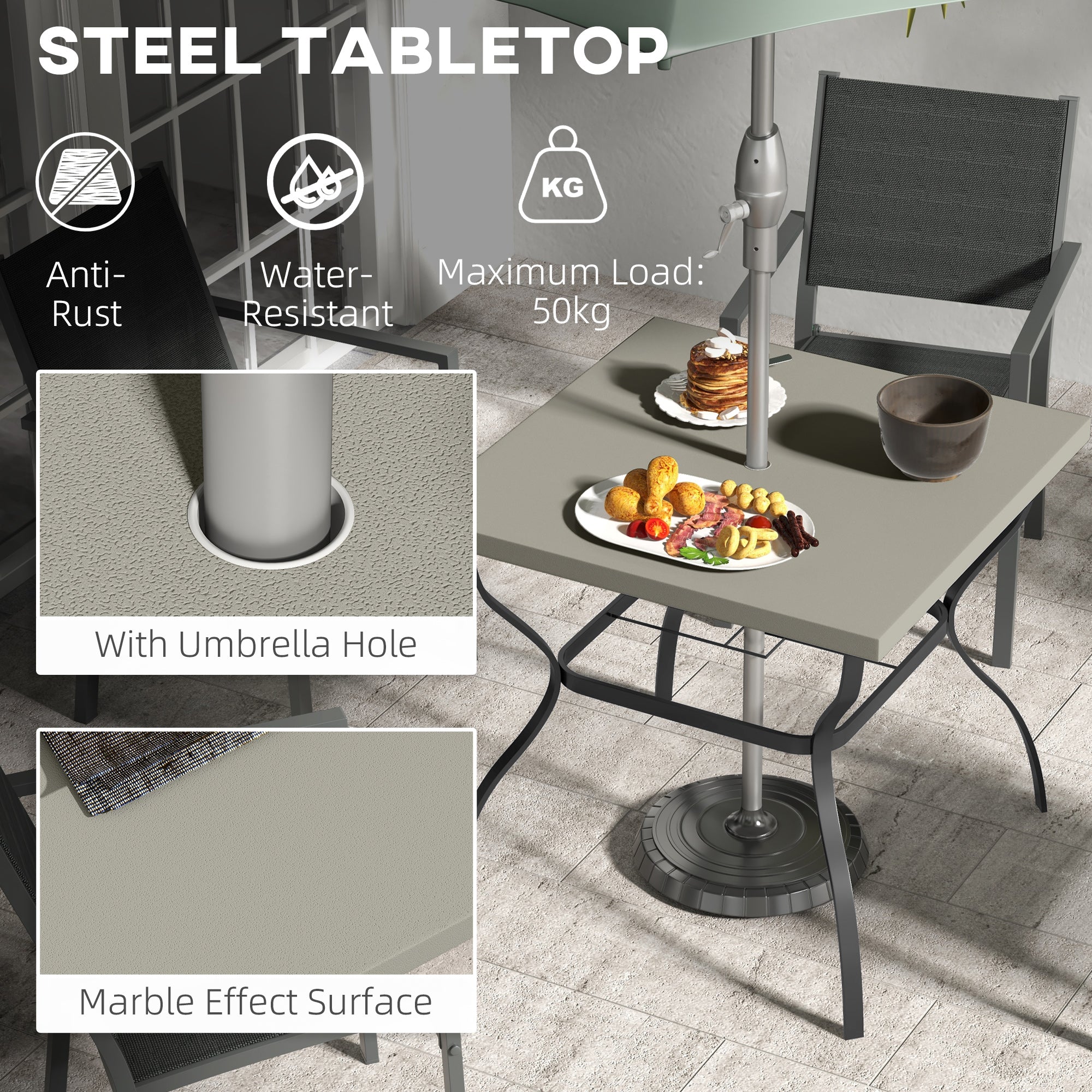 Four-Seater Steel Garden Table, with Parasol Hole - Grey/Black