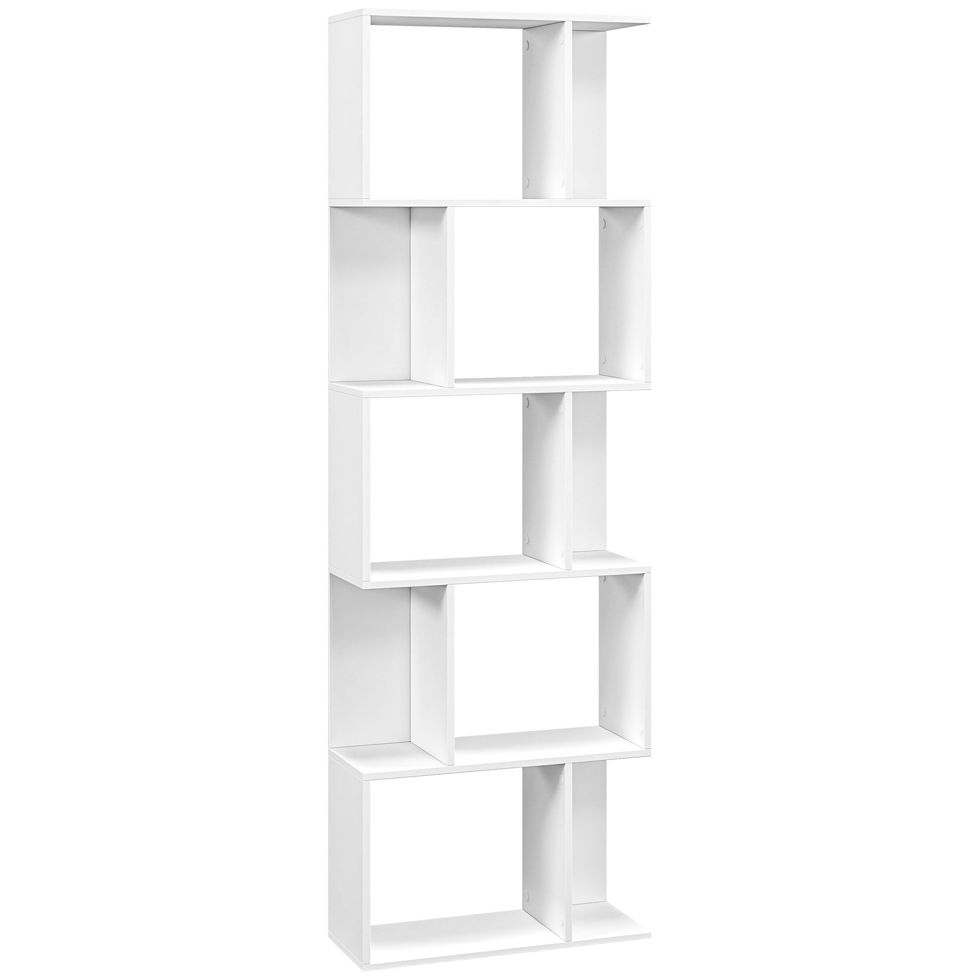 Bookcase, S-Shaped Wooden Bookshelf, 5 Tiers Freestanding Storage Shelf, Home Office Display Stand Rack, White