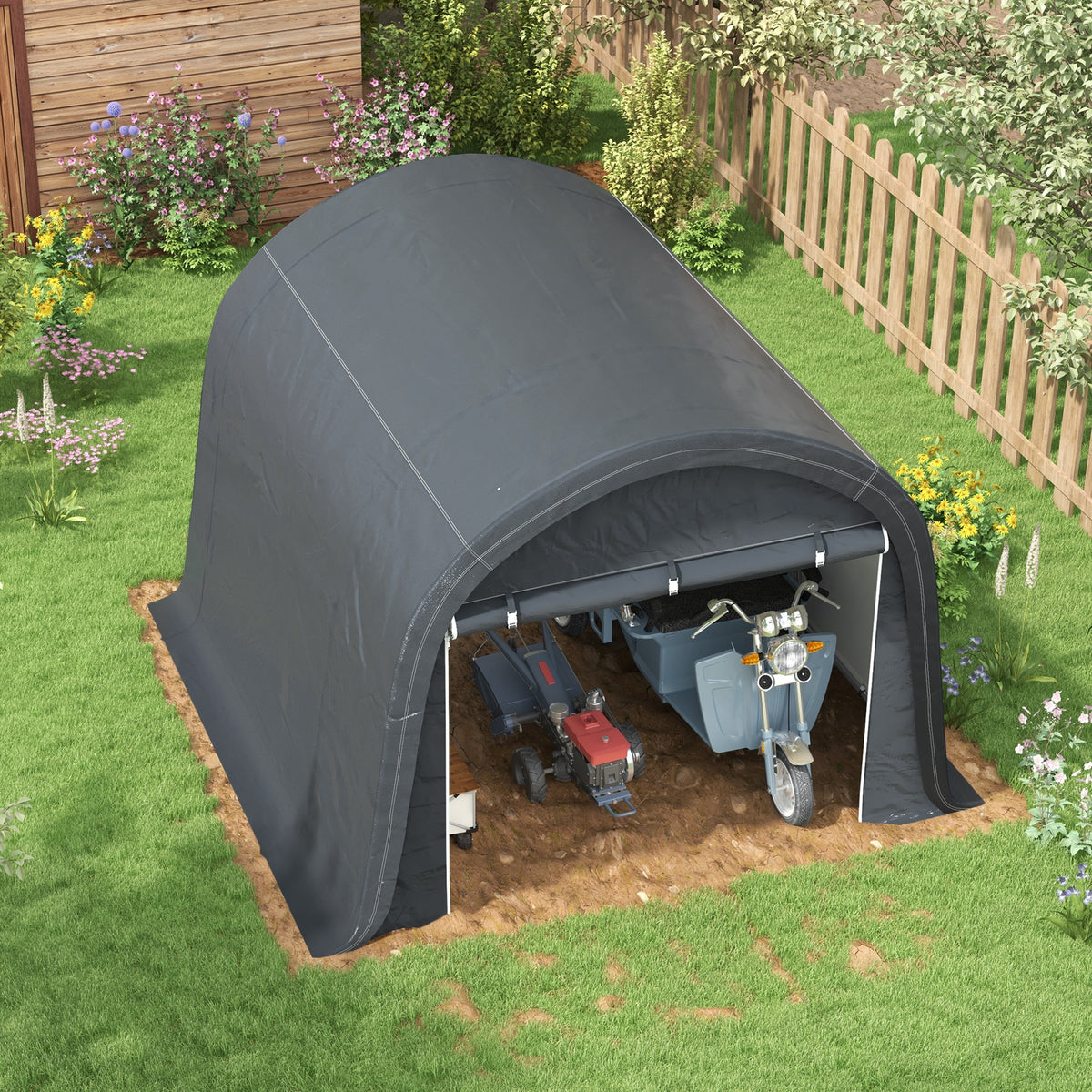 3 x 3(m) Garden Storage Tent, Heavy Duty Outdoor Shed with 2 Doors, Waterproof Portable Shed Storage Shelter with Galvanised Steel Frame for Bike, Motorcycle, Garden Tools, Grey
