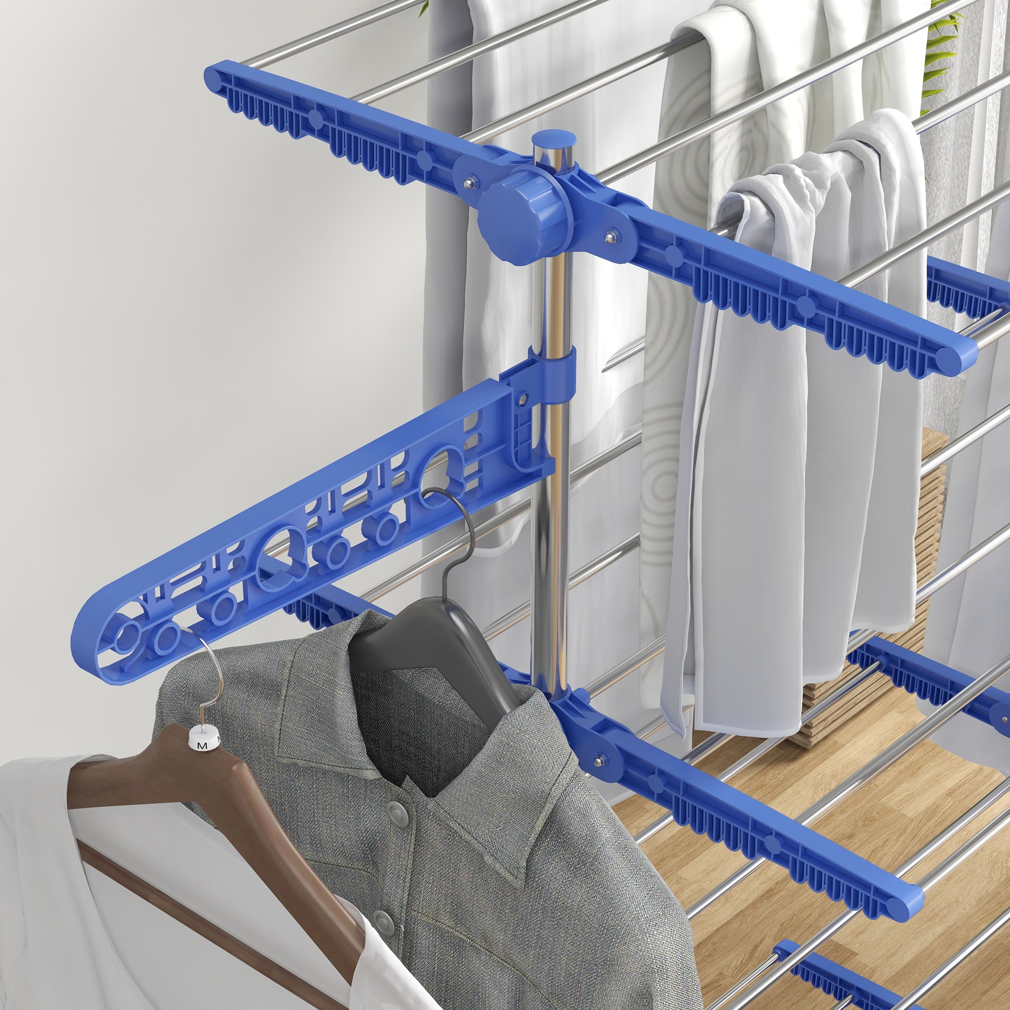 Four-Shelf Collapsing Clothes Horse, With Side Arms and Wheels - Blue