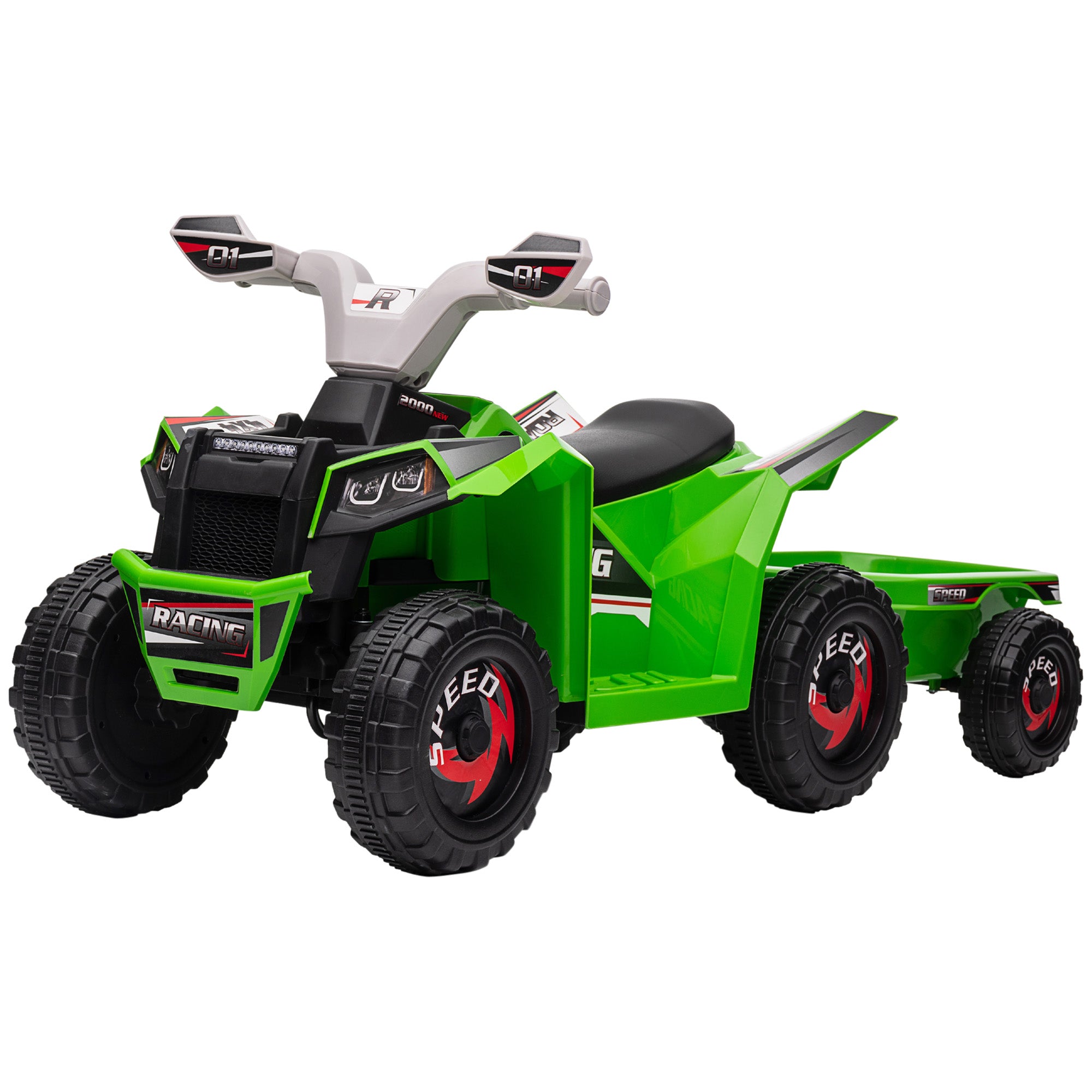 6V Quad Bike with Back Trailer, Wear-Resistant Wheels, for Ages 18-36 Months, Green