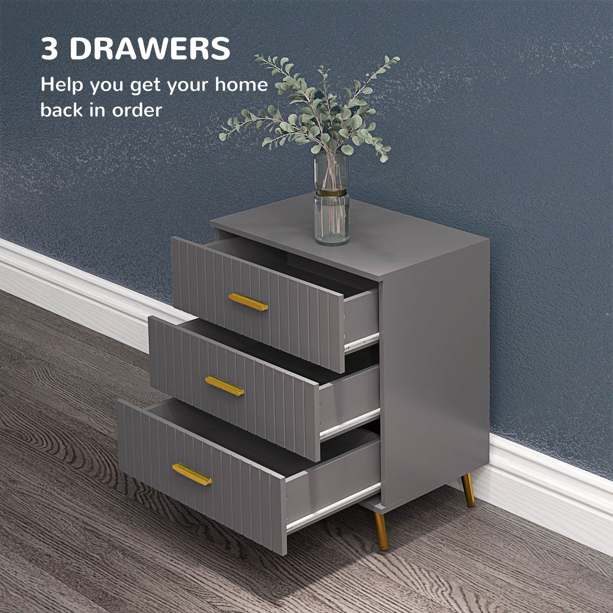 Three Drawer Embossed Line Dresser - Grey/Gold Tone