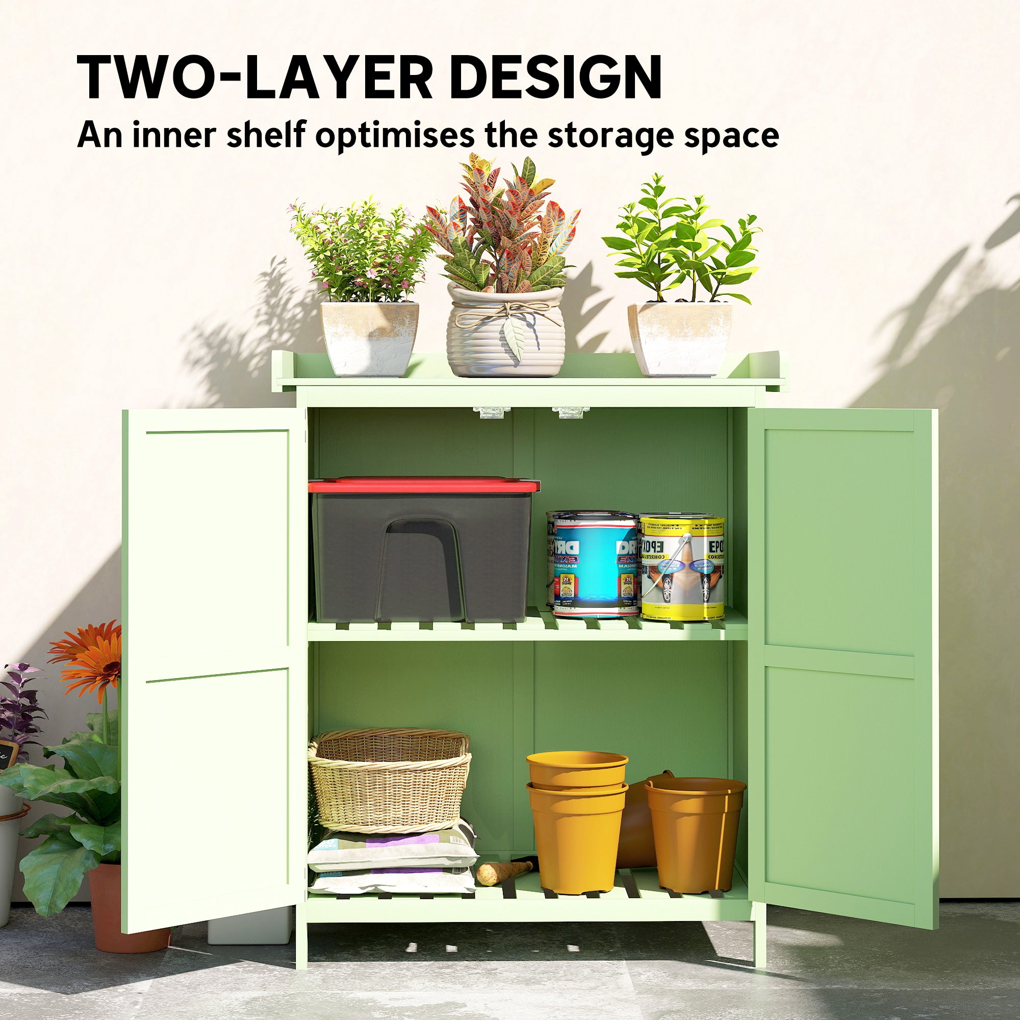 Wooden Garden Shed, Garden Tool Storage Shed with Hinged Roof and Shelf, Outdoor Storage Cabinet with Double Doors, Light Green