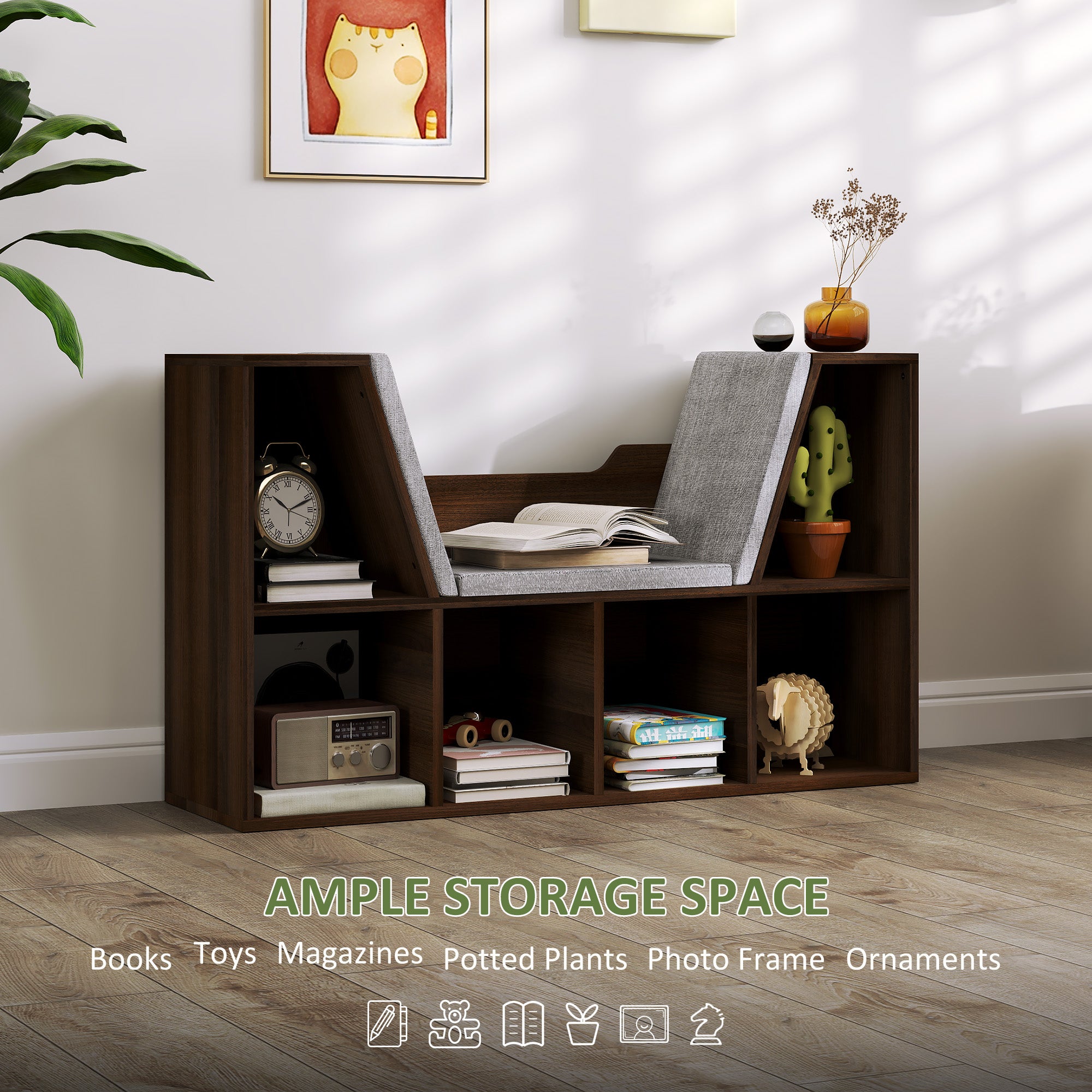 Bookcase Storage Shelf with Cushioned Reading Seat and Cube Organizer - Chestnut
