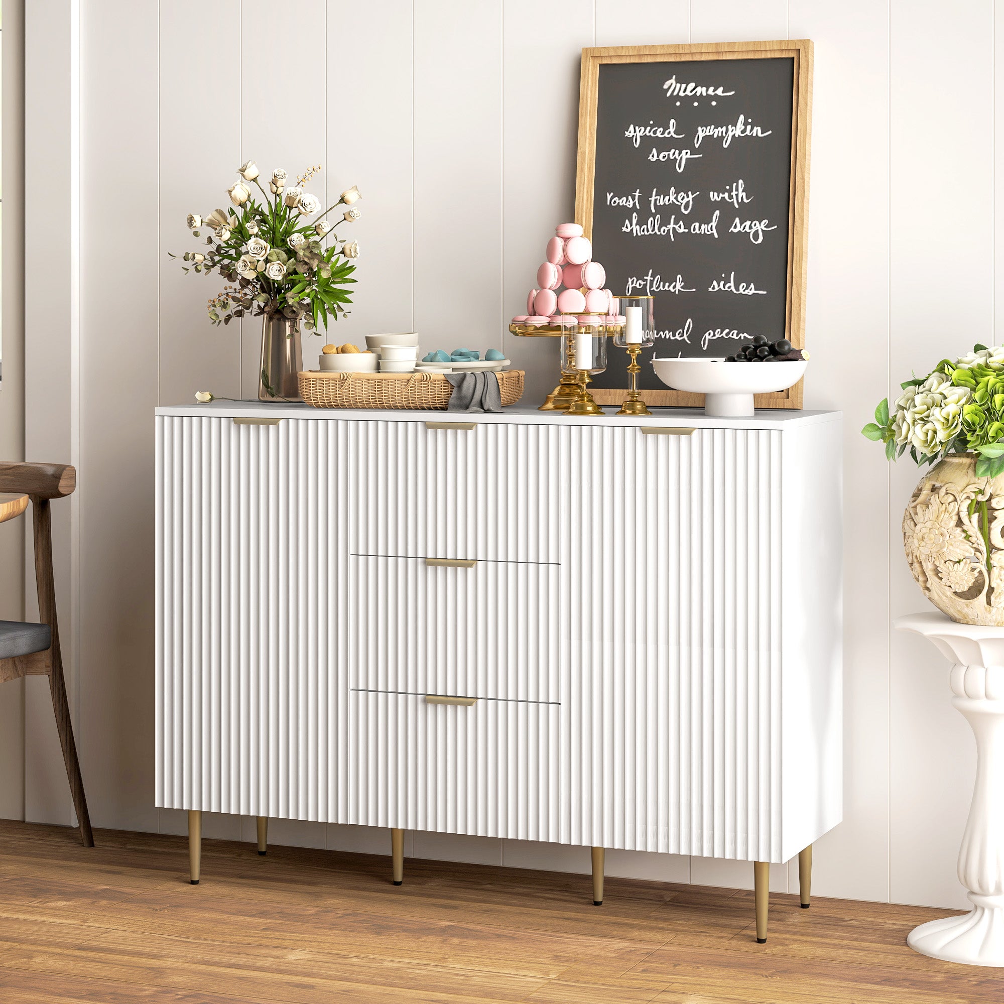 Sideboard Buffet Cabinet, Modern Kitchen Storage Cabinet with 3 Drawers and Adjustable Shelves, Living Room Cabinet with Metal Legs for Hallway, White