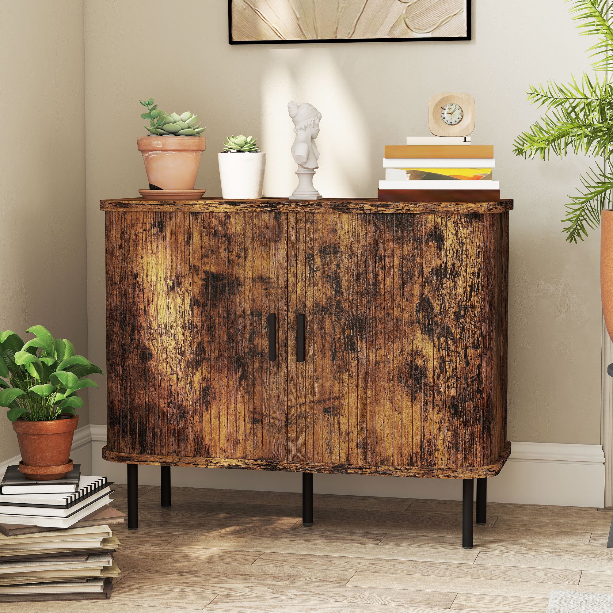 Mid-Century Modern Sideboard Storage Cabinet with Slatted Tambour Sliding Doors, Kitchen Cabinet with Steel Legs, Rustic Brown
