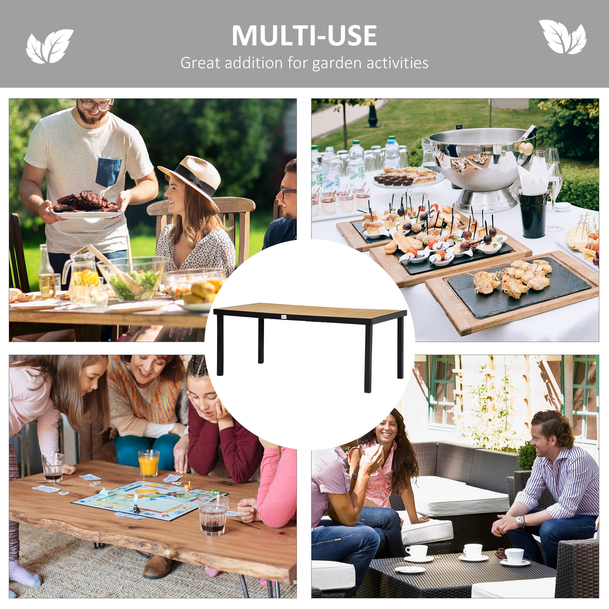 Aluminium Outdoor Garden Dining Table for 8 with Faux Wood Top, 190x90x74 cm - Natural