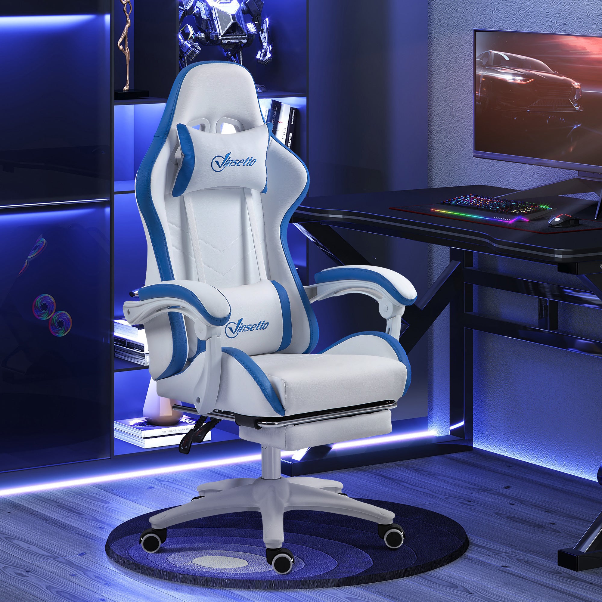 Computer Gaming Chair, PU Leather Desk Chair with Footrest, Swivel Task Chair with 135° Reclining Back and Lumbar Support, PC Chair for Adults, White and Blue