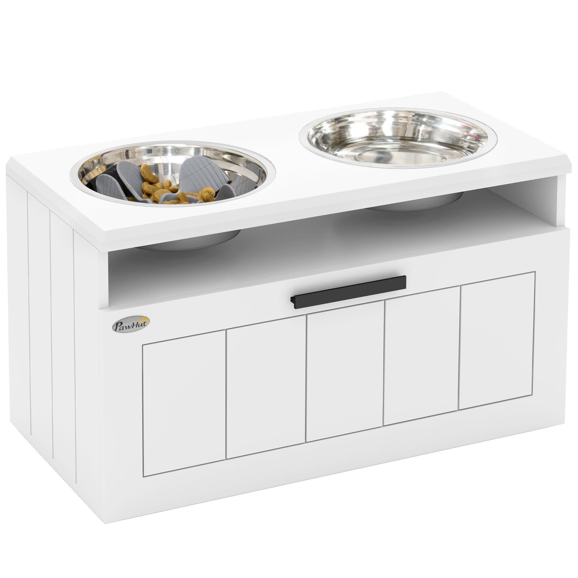 Raised Dog Bowl with Slow Feeder, Two Stainless Steel Dog Bowls, Drawer, for Large and Extra Large Dogs, White