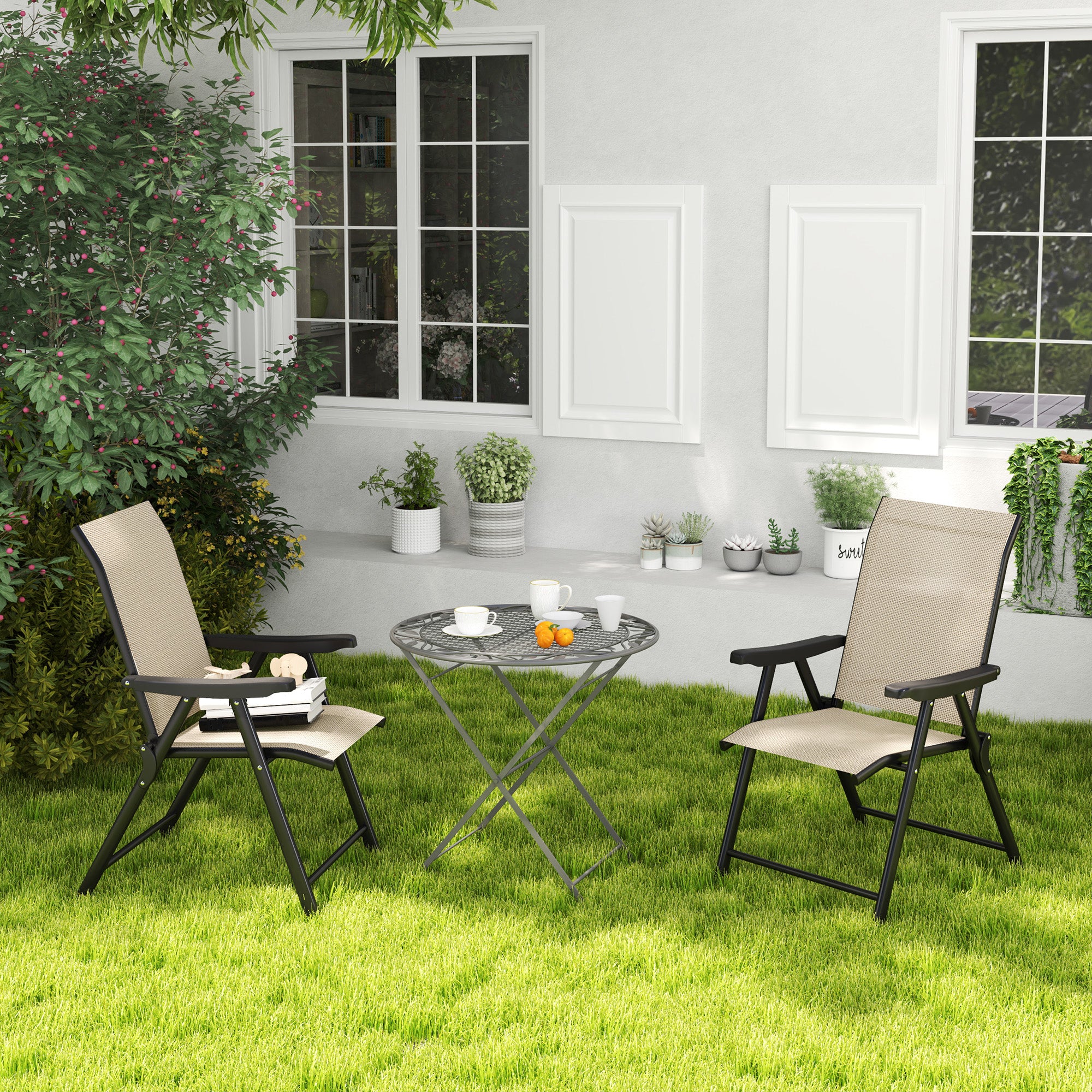 Set of 2 Folding Outdoor Chairs with Breathable Mesh and Armrests - Brown Black