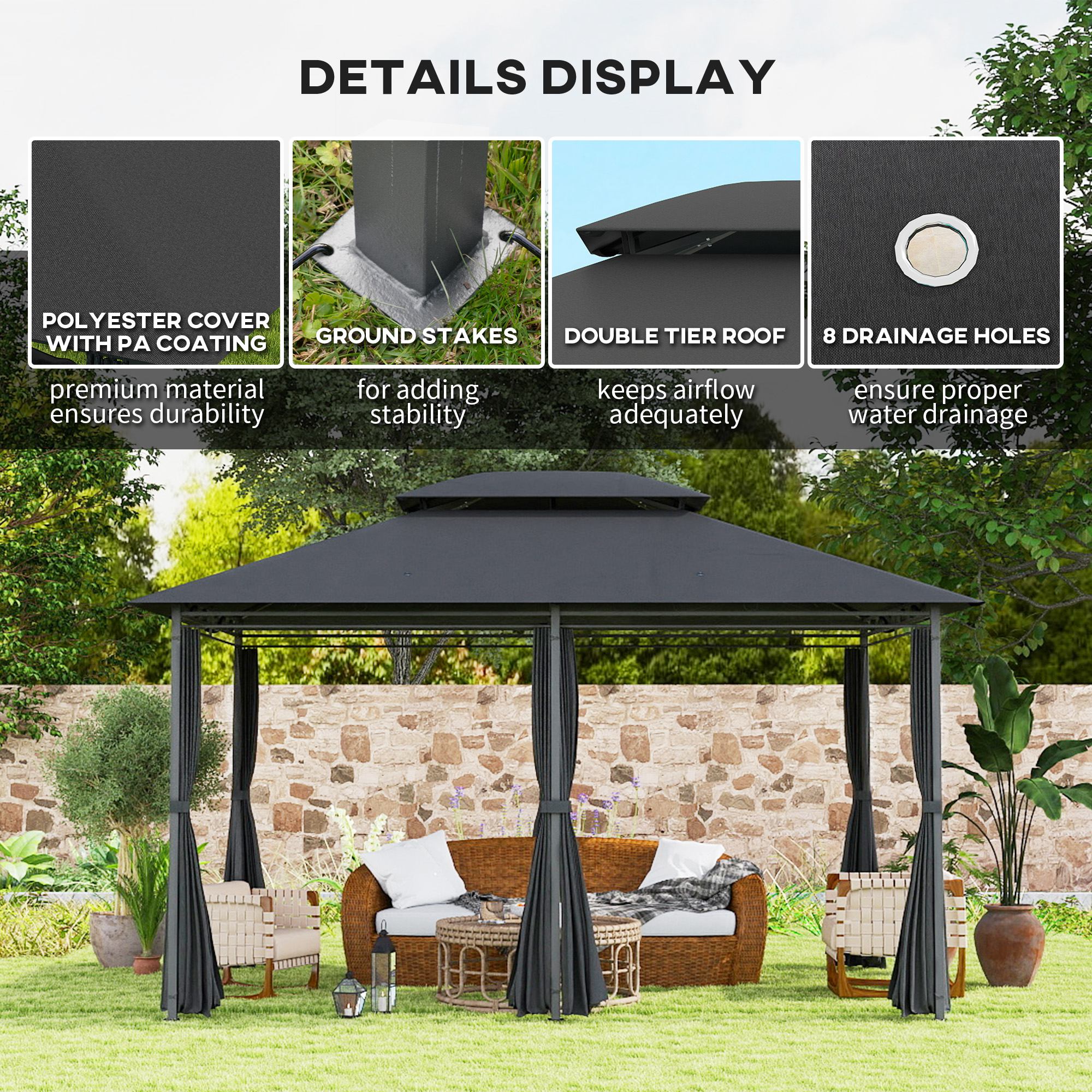 3 x 4m Steel Gazebo, with Curtains - Black