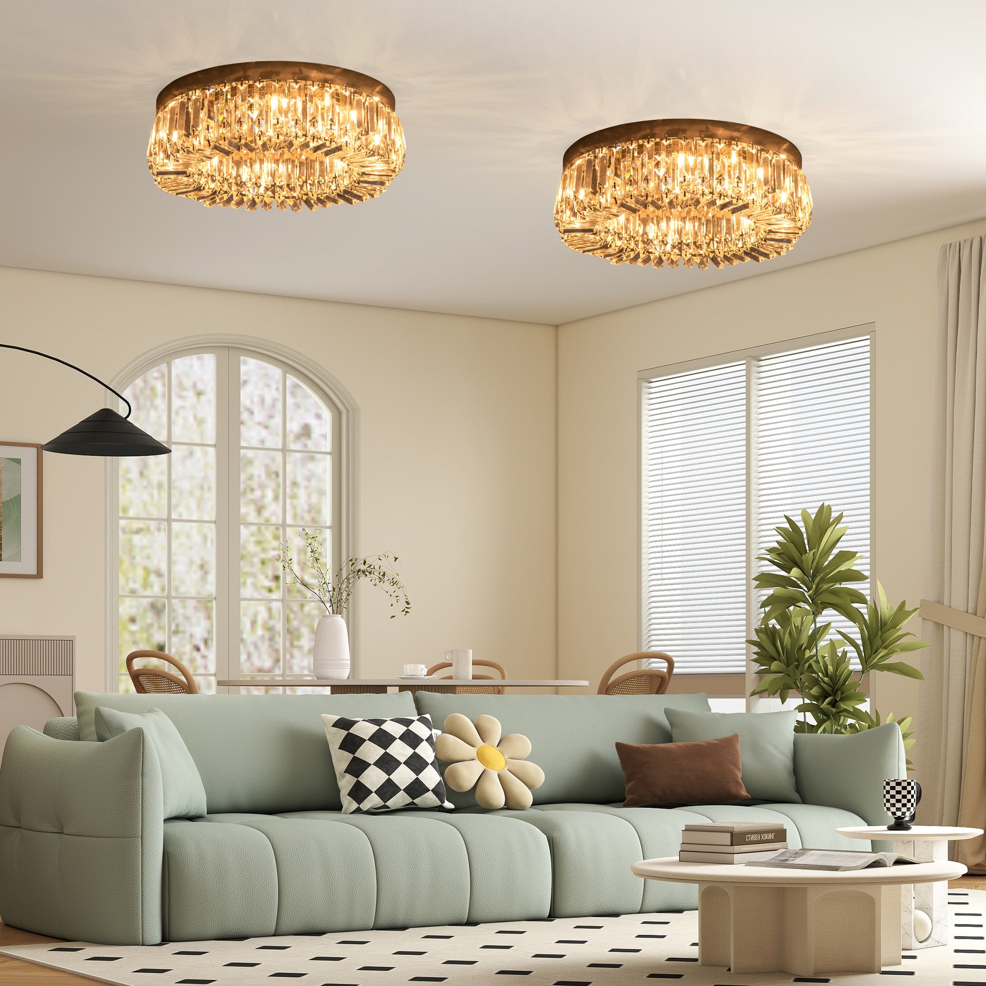 Crystal Ceiling Lights Set of 2, Modern Flush Chandeliers with Stainless Steel Base, Pendant Lights for Living Room Bedroom Dining Room, Silver Tone