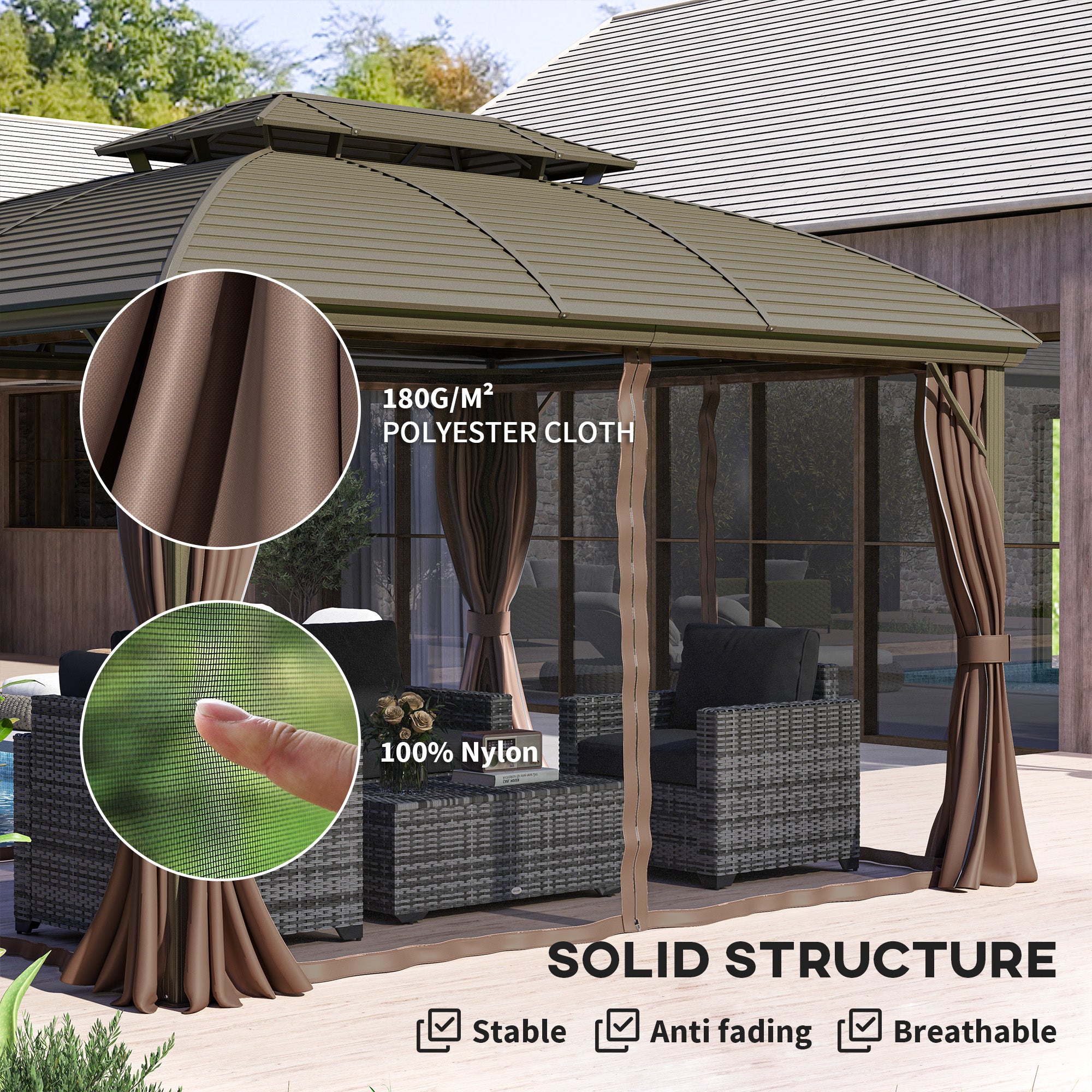 3.65 x 3m Hardtop Steel Gazebo Canopy with Aluminium Frame, Double Roof, Net Sidewalls & Curtains - Coffee