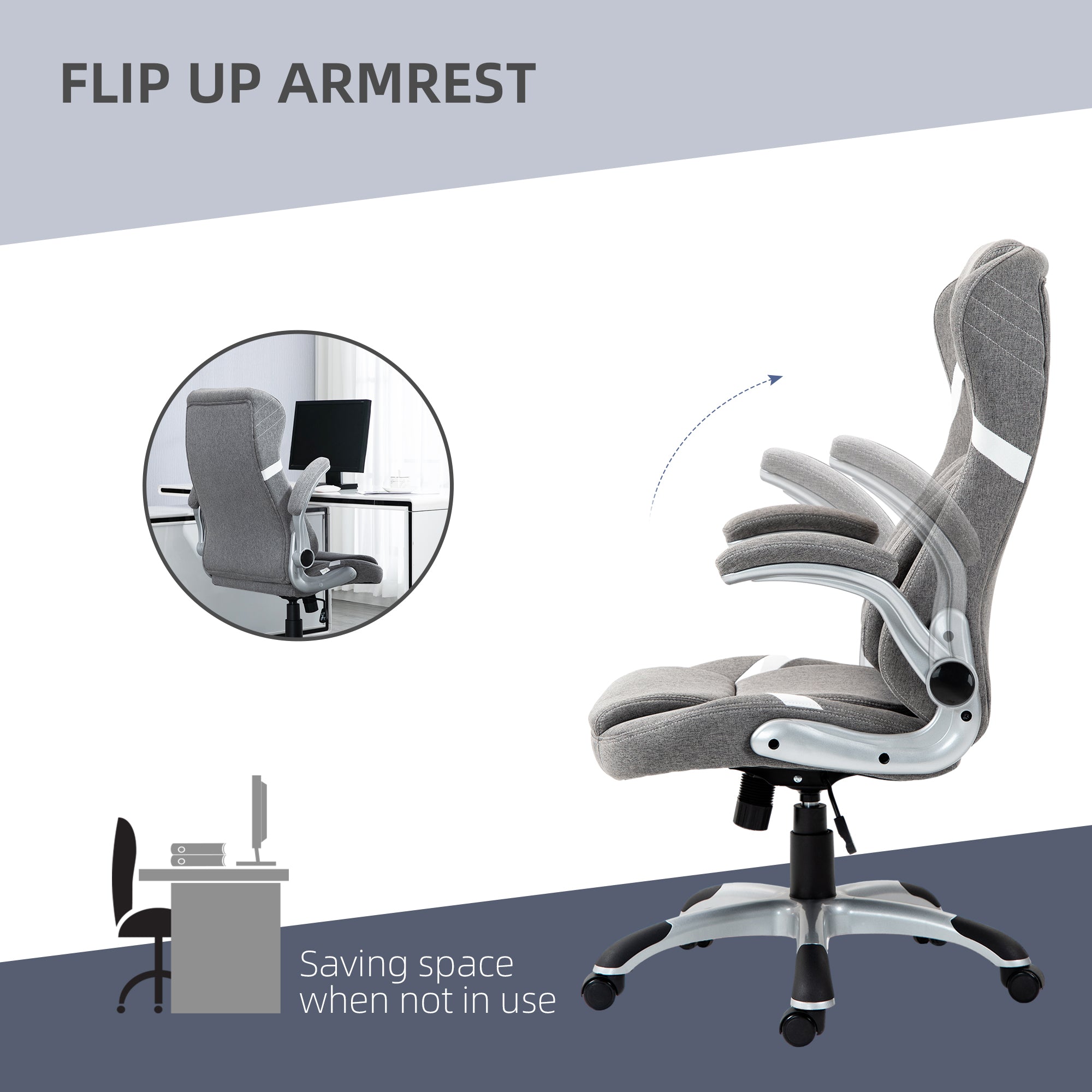 Linen-Look Office Chair, with Adjustable Height and Tension - Grey