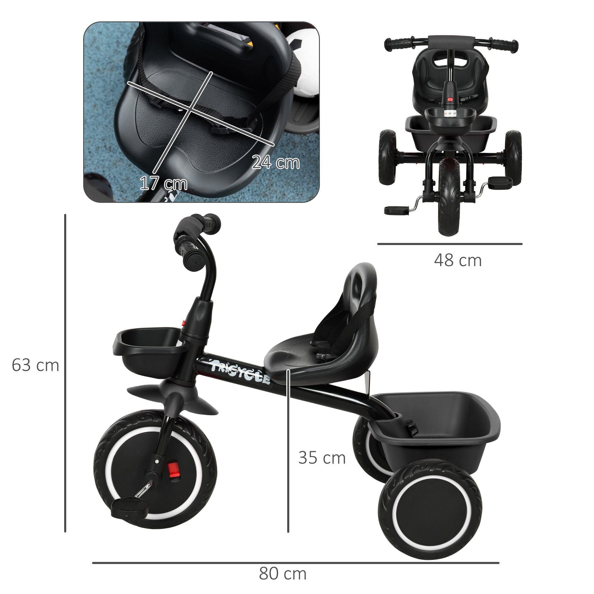 Kids Trike for 2-5 Years with Adjustable Seat, Pedal, Baskets, Black