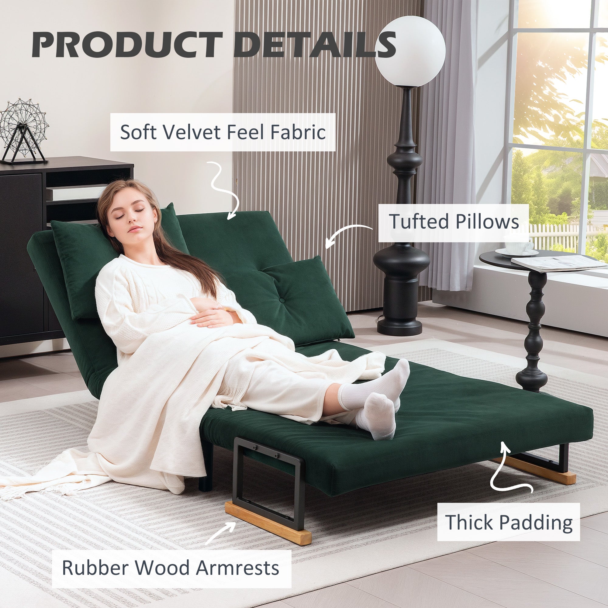 4-in-1 Velvet-Feel Double Sofa Bed with Pillows - Green