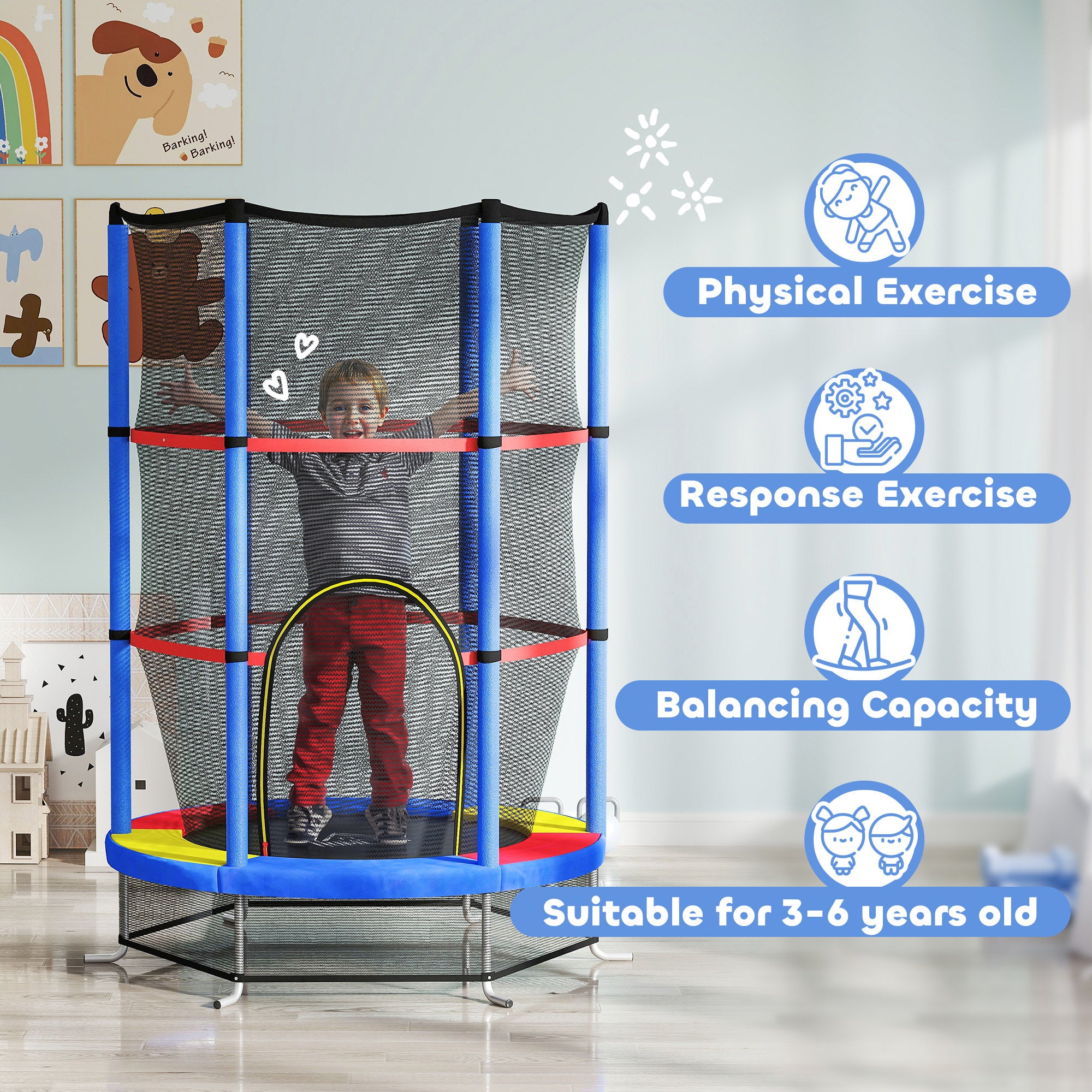 Kids Trampoline, with Enclosure Net, Steel Frame, for Ages 3-6 Years - MultiColoured