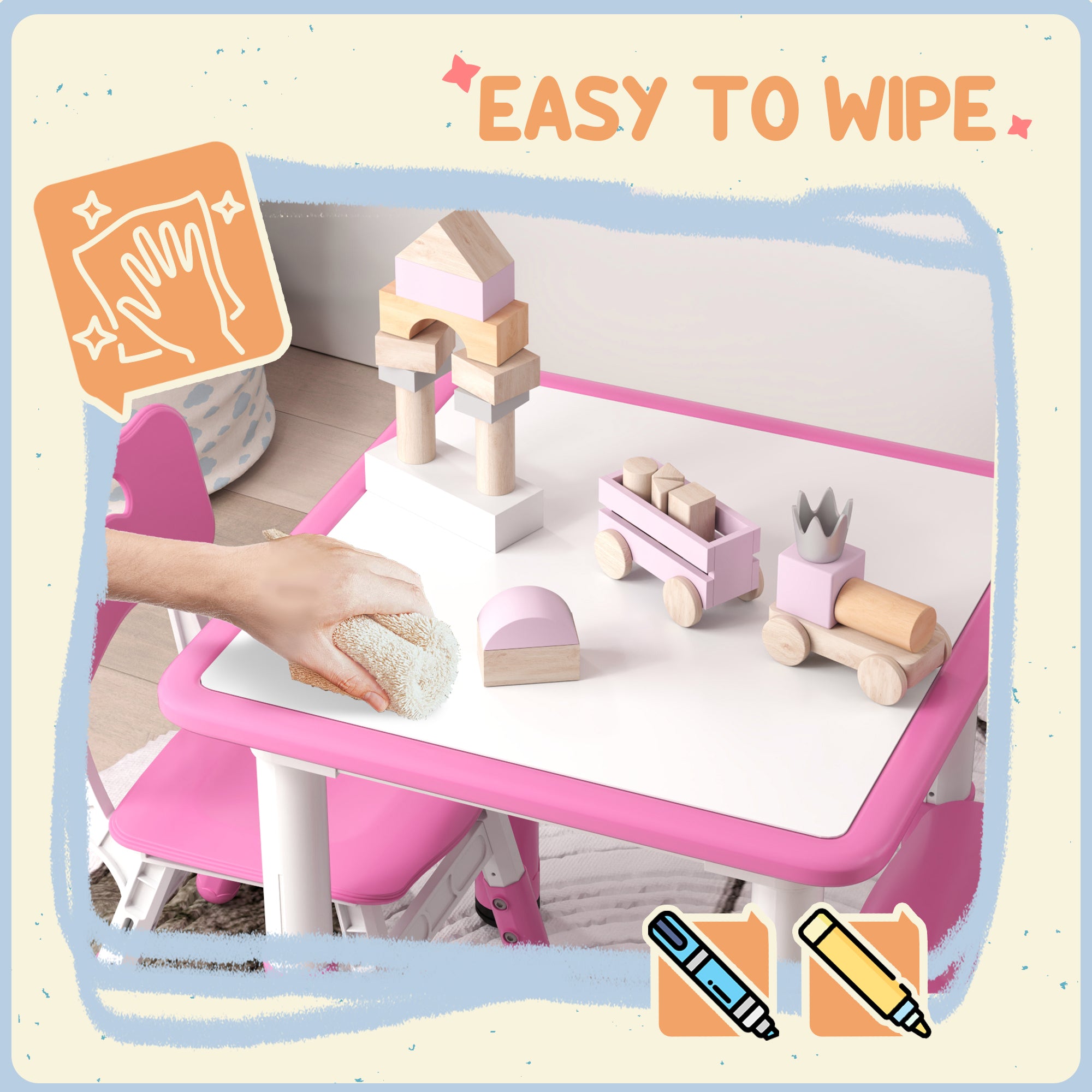 3 Piece Height Adjustable Toddler Table and Chair Set - Pink