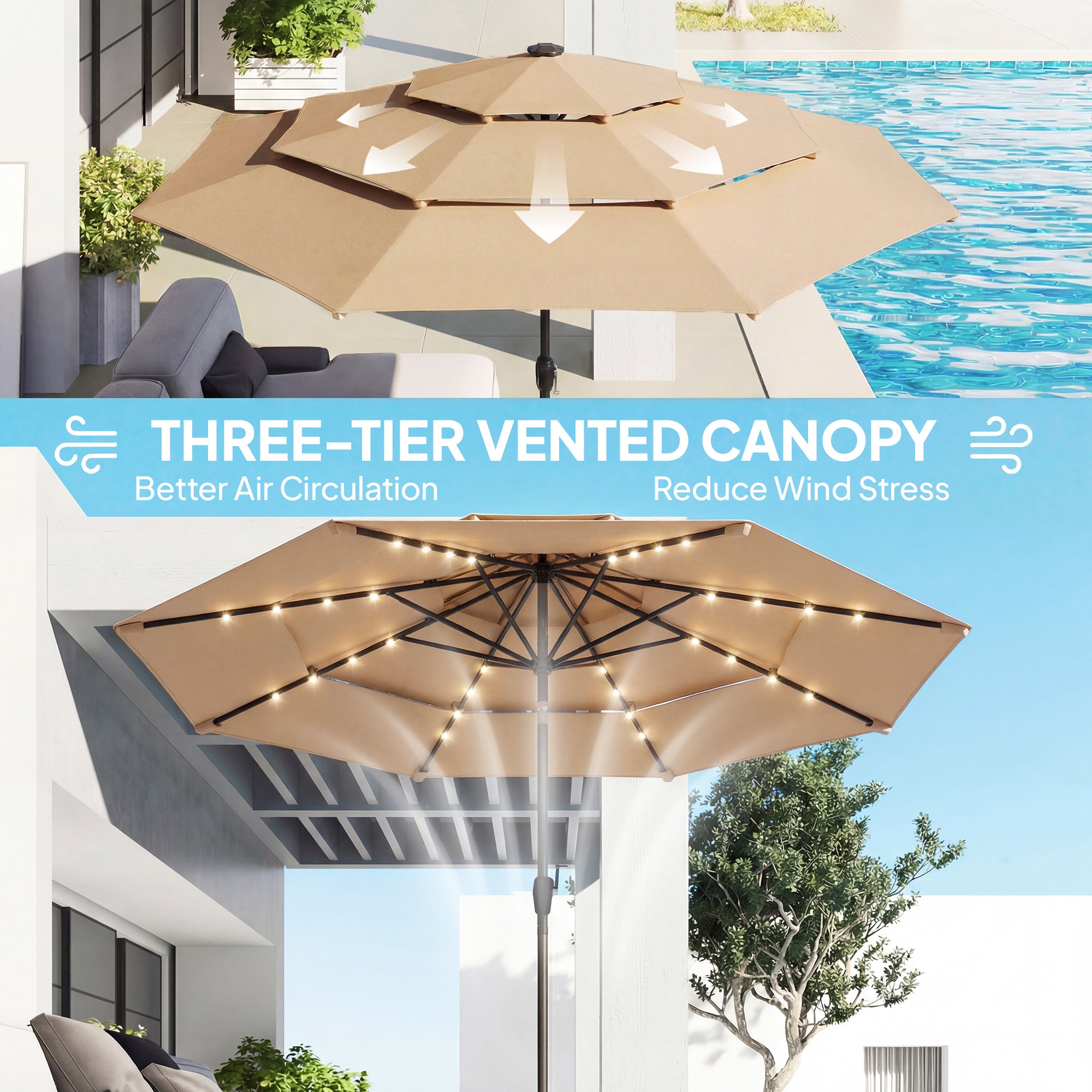 2.8 m Garden Parasol Umbrella with LED Solar Light, Parasol Cover, 3 Tier Outdoor Table Market Patio Umbrella, Khaki