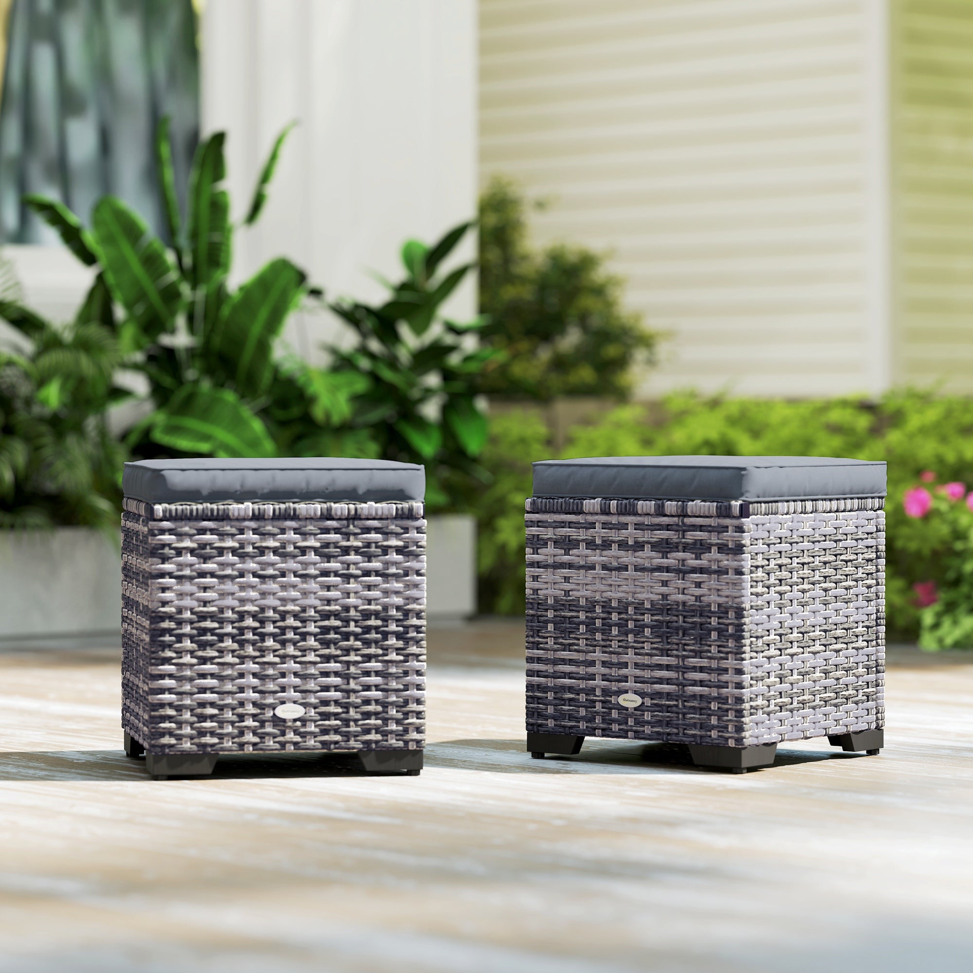 Set of 2 Rattan Storage Ottomans with Removable Cushions - Dark Grey