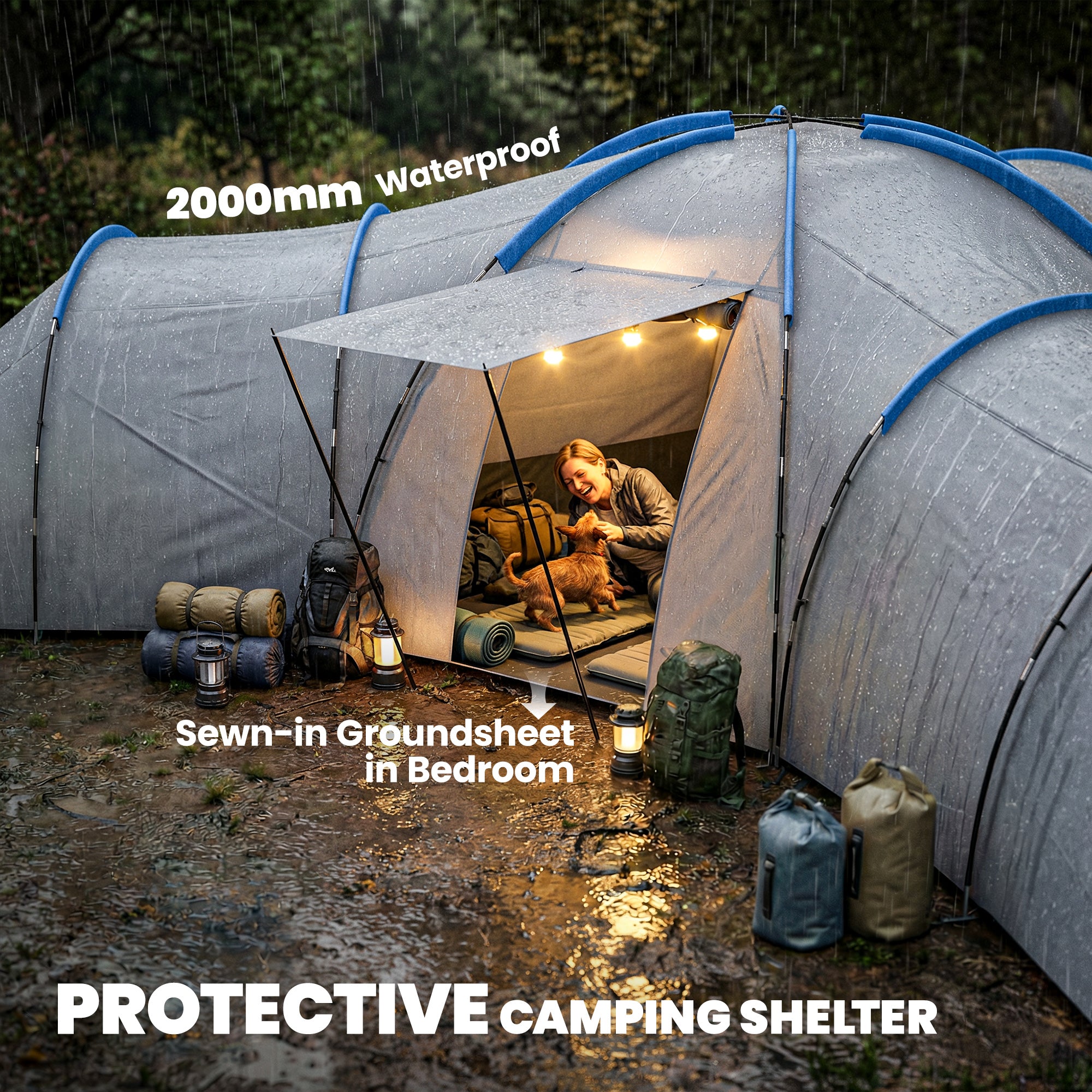 6-9 Man Large Tunnel Tent with 3 Bedrooms, Living Area and Porch, Light Grey