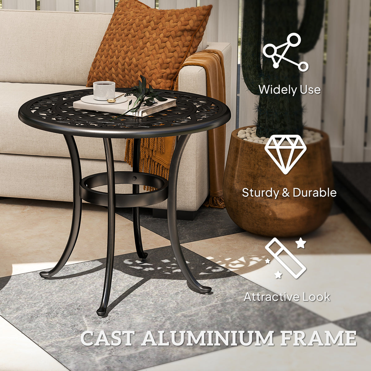 60cm Round Outdoor Garden Side Table with Hollow Top Cast Aluminium Frame - Black