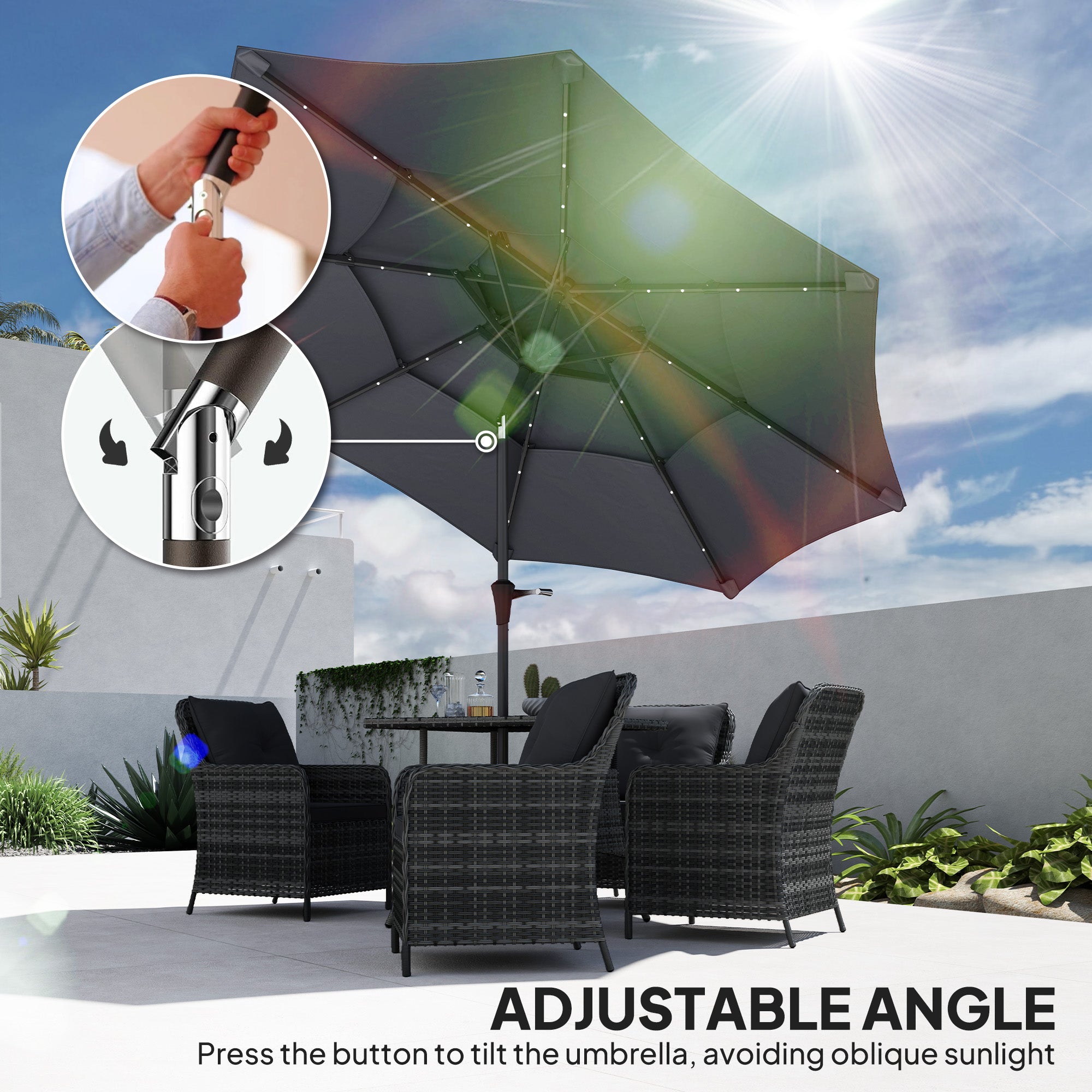 3 Tier Garden Parasol with Solar LED Lights and UPF 30+ Canopy - Dark Grey