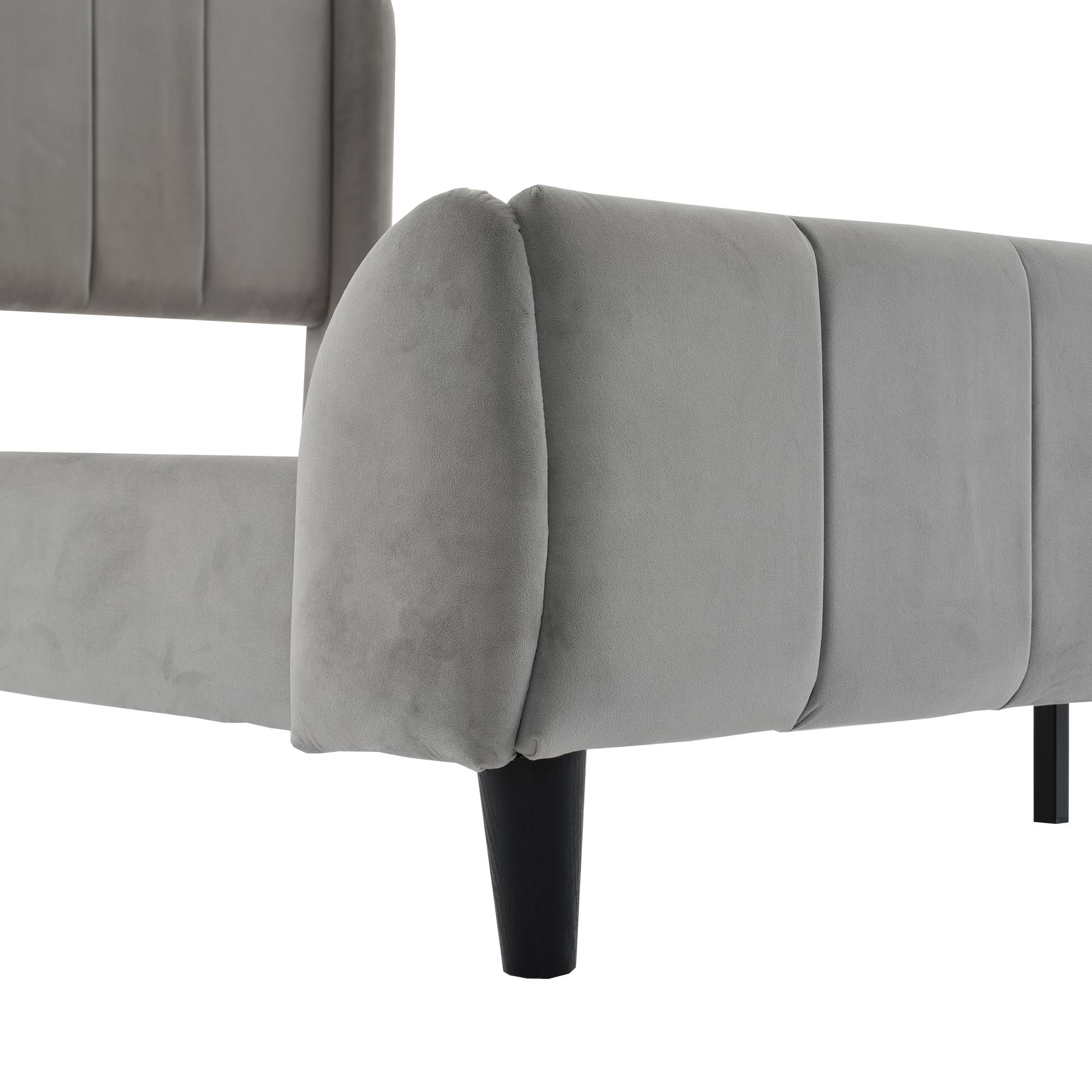 Double Upholstered Velvet Bed with Soft Backrest - Gray