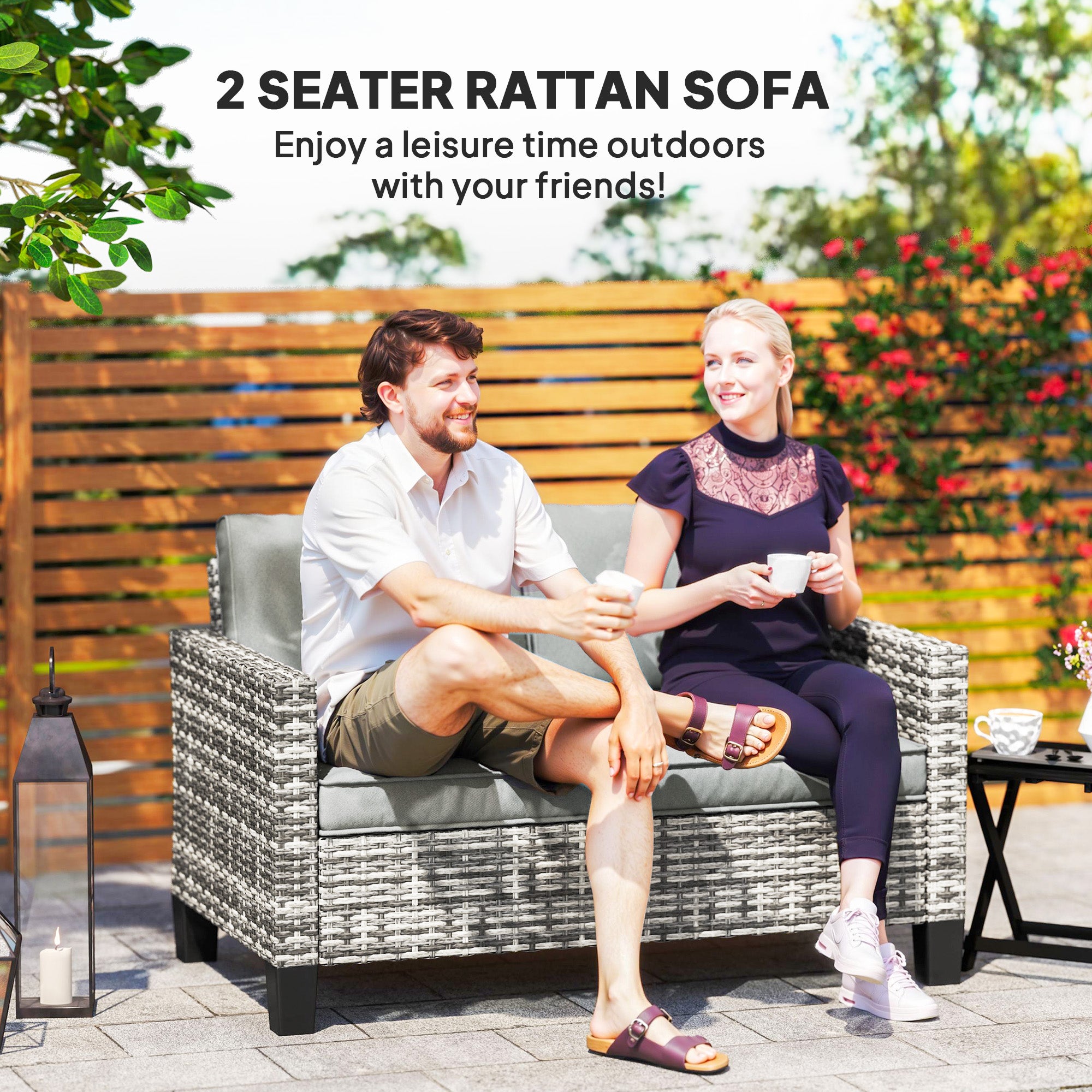 Two-Seater Rattan Outdoor Sofa - Light Grey