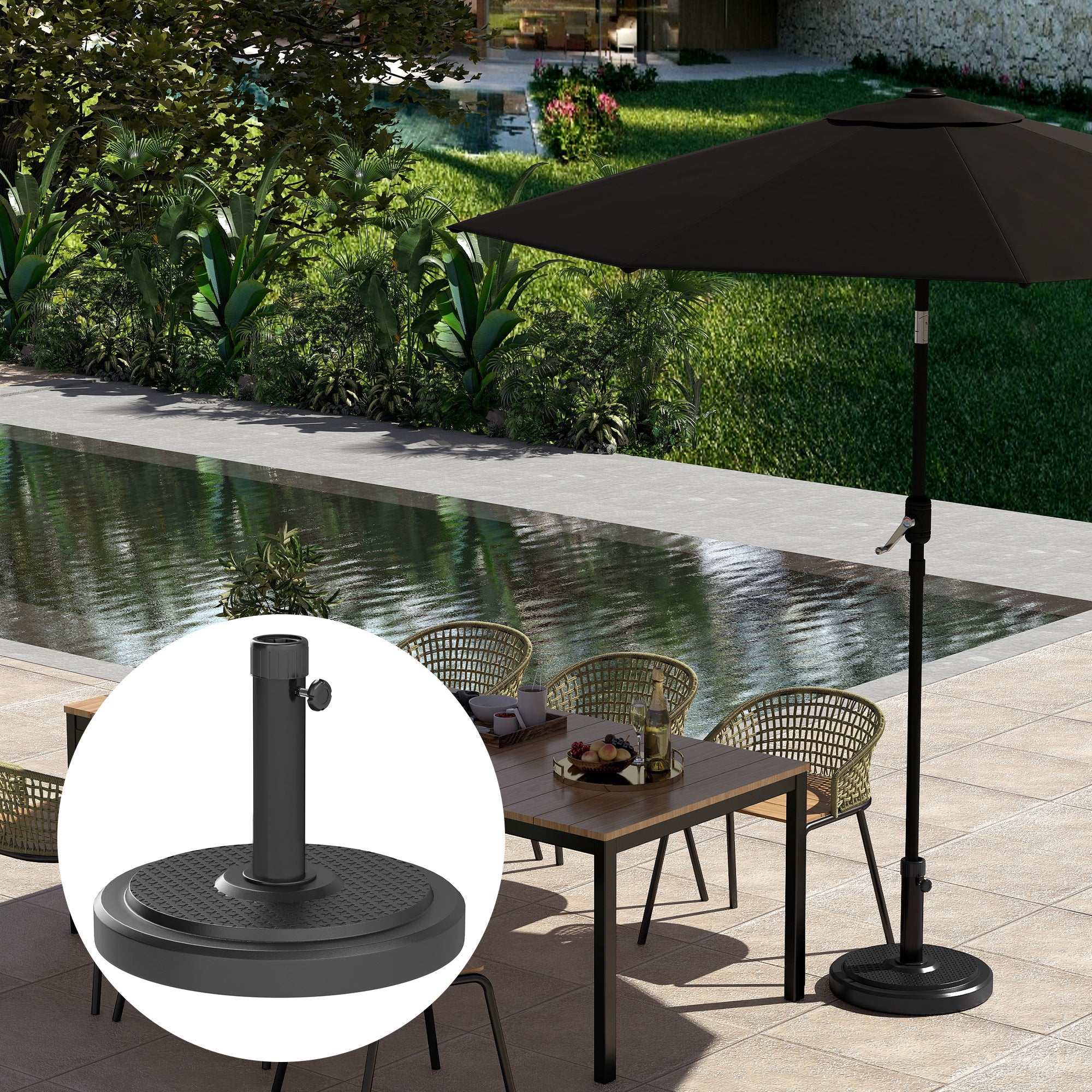 22kg Garden Parasol Base, Round HDPE Sun Umbrella Base, Heavy Duty Outdoor Umbrella Stand for 38mm or 48mm Outdoor Umbrella Poles, Black