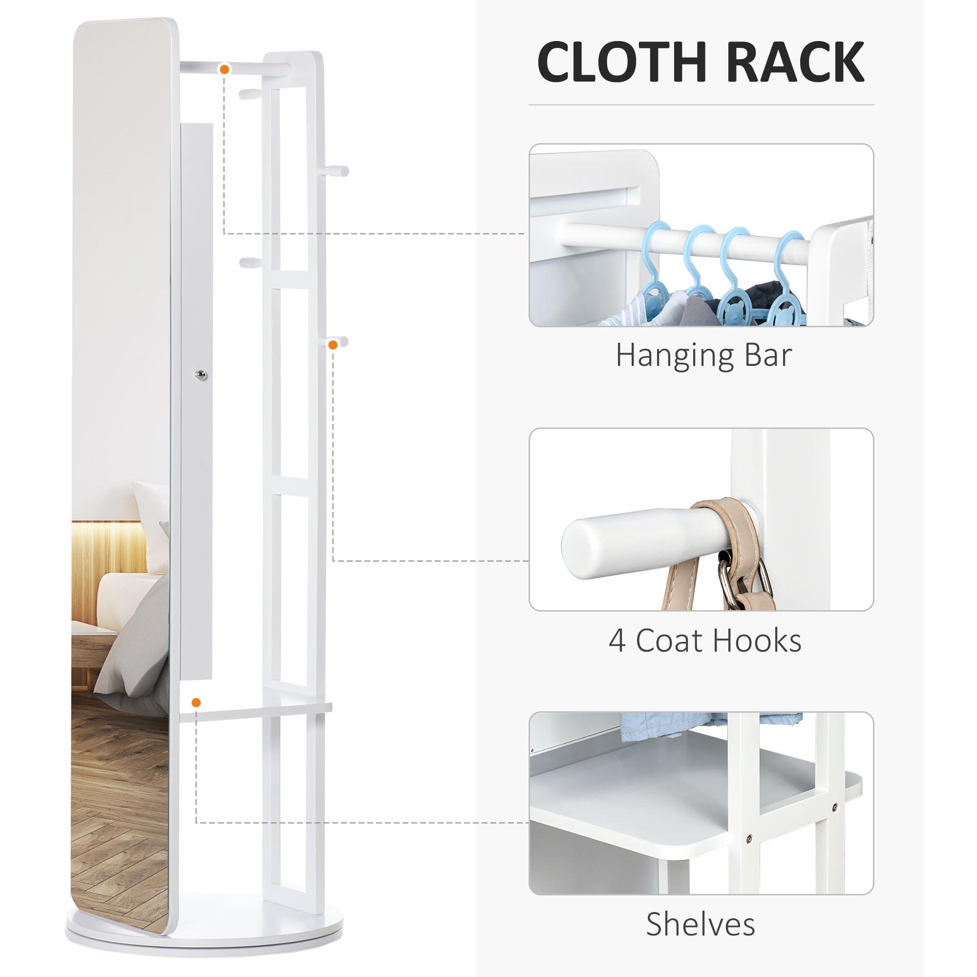 Full Length Mirror W/ Jewelry Cabinet Coat Rack, 360° Rotate White