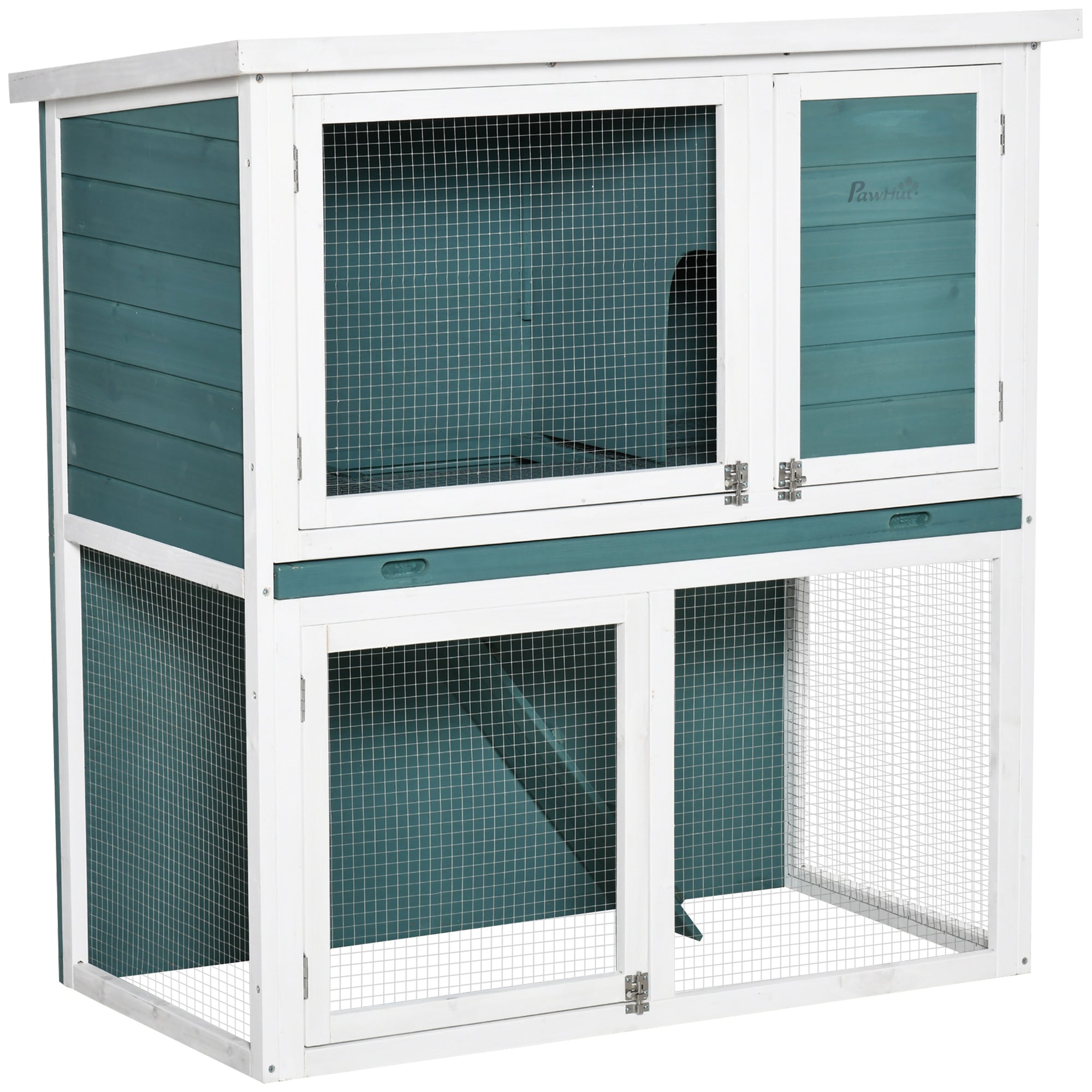 2 Tier Wooden Rabbit Hutch, Guinea Pig Cage, Bunny Run, Small Animal House for Indoor Outdoor with Slide-out Tray, Ramp, 104 x 58 x 110cm, Green