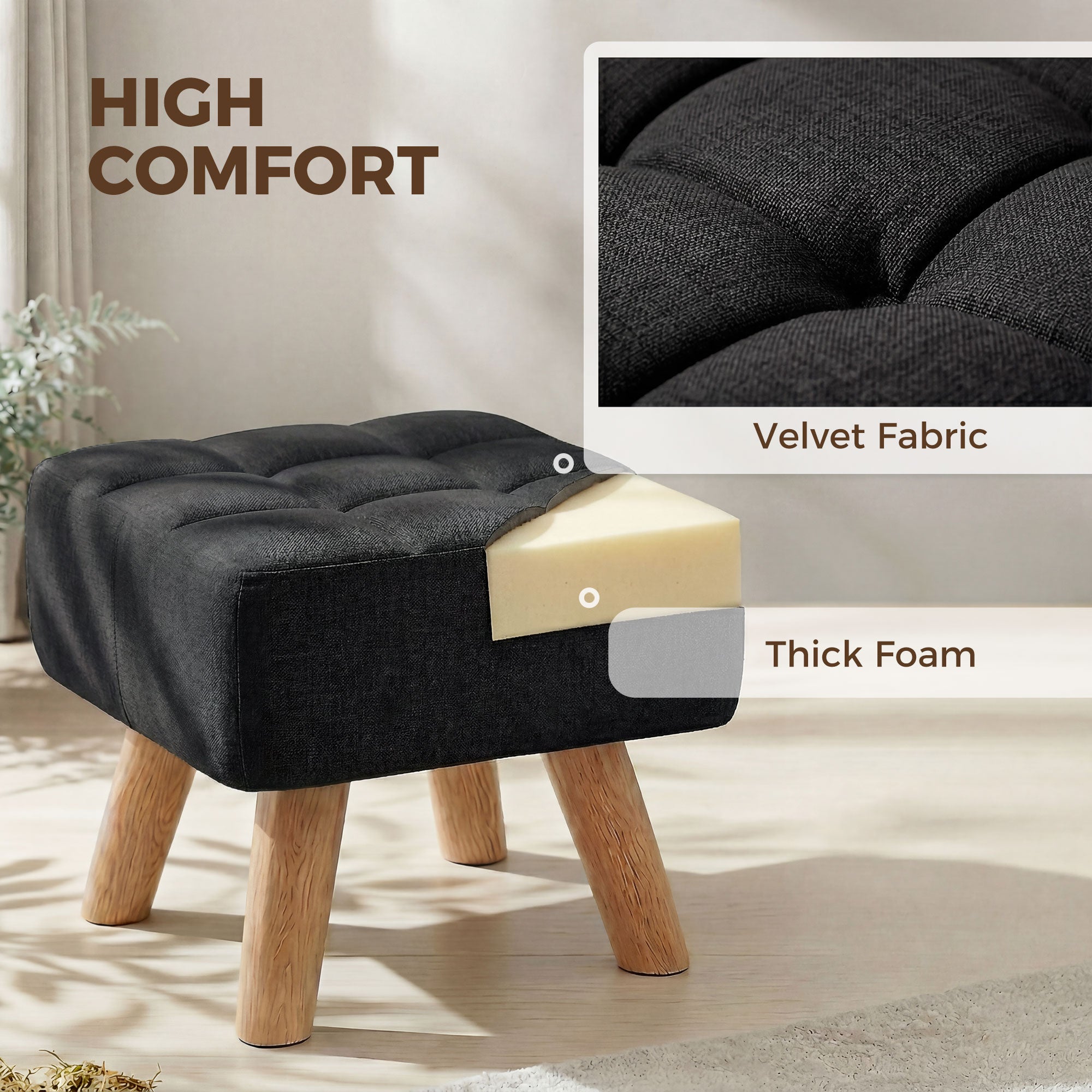 Linen-Look Square Padded Footstool - Black