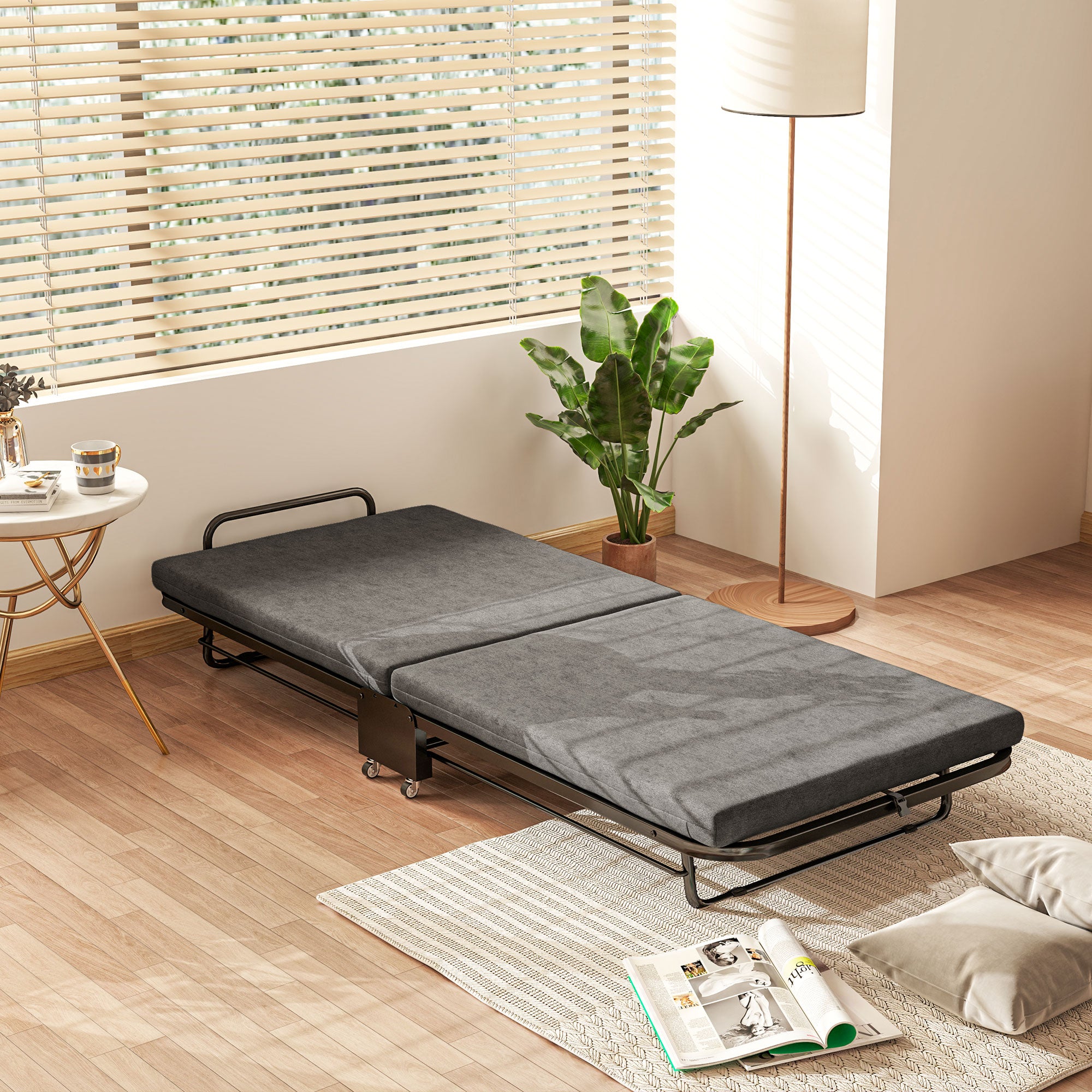 Single Temporary Folding Bed with Comfortable Mattress - Grey