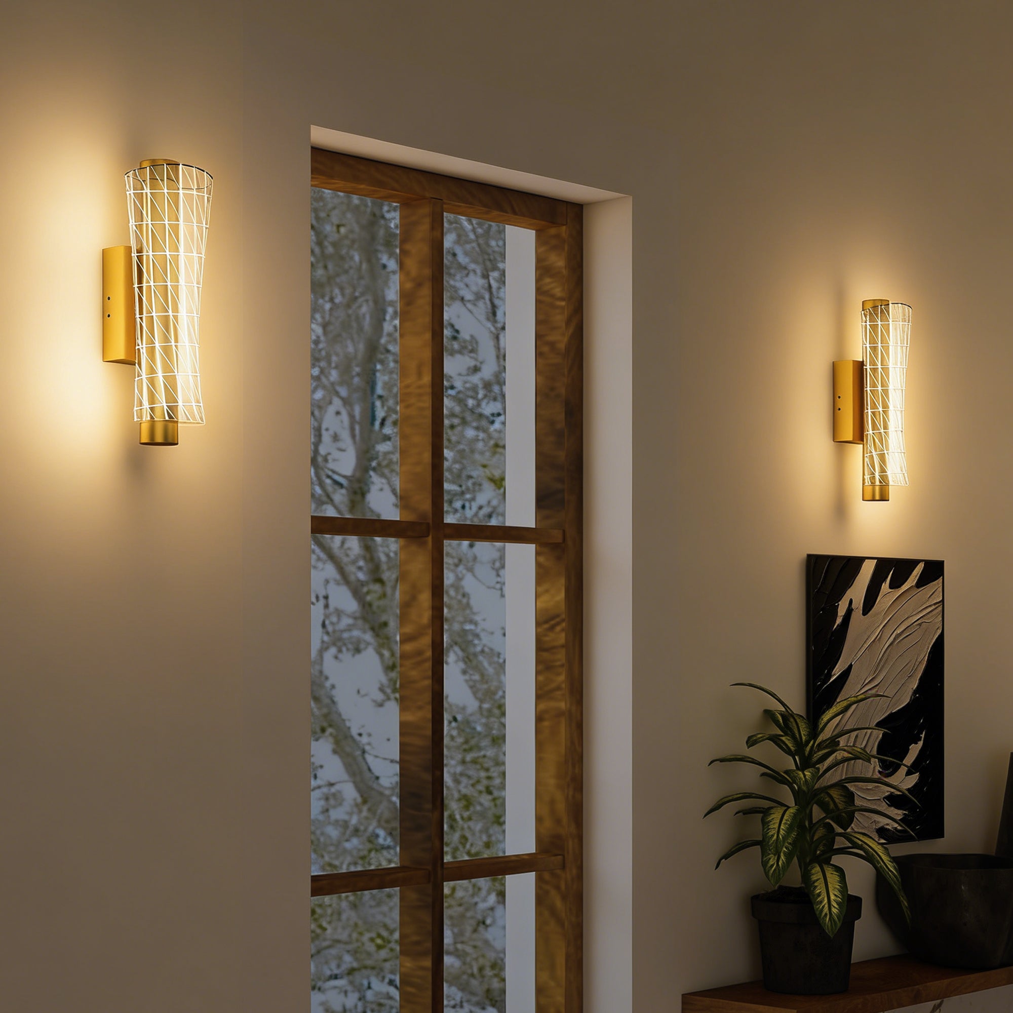 Led Wall Lamp 2 Pack, 9W Modern Indoor Geometric Mesh Wall Light, Colour Temperature Adjustable 3000K/4000K/6500K for Bedroom, Living Room, Hallway, Stairs, Gold Tone
