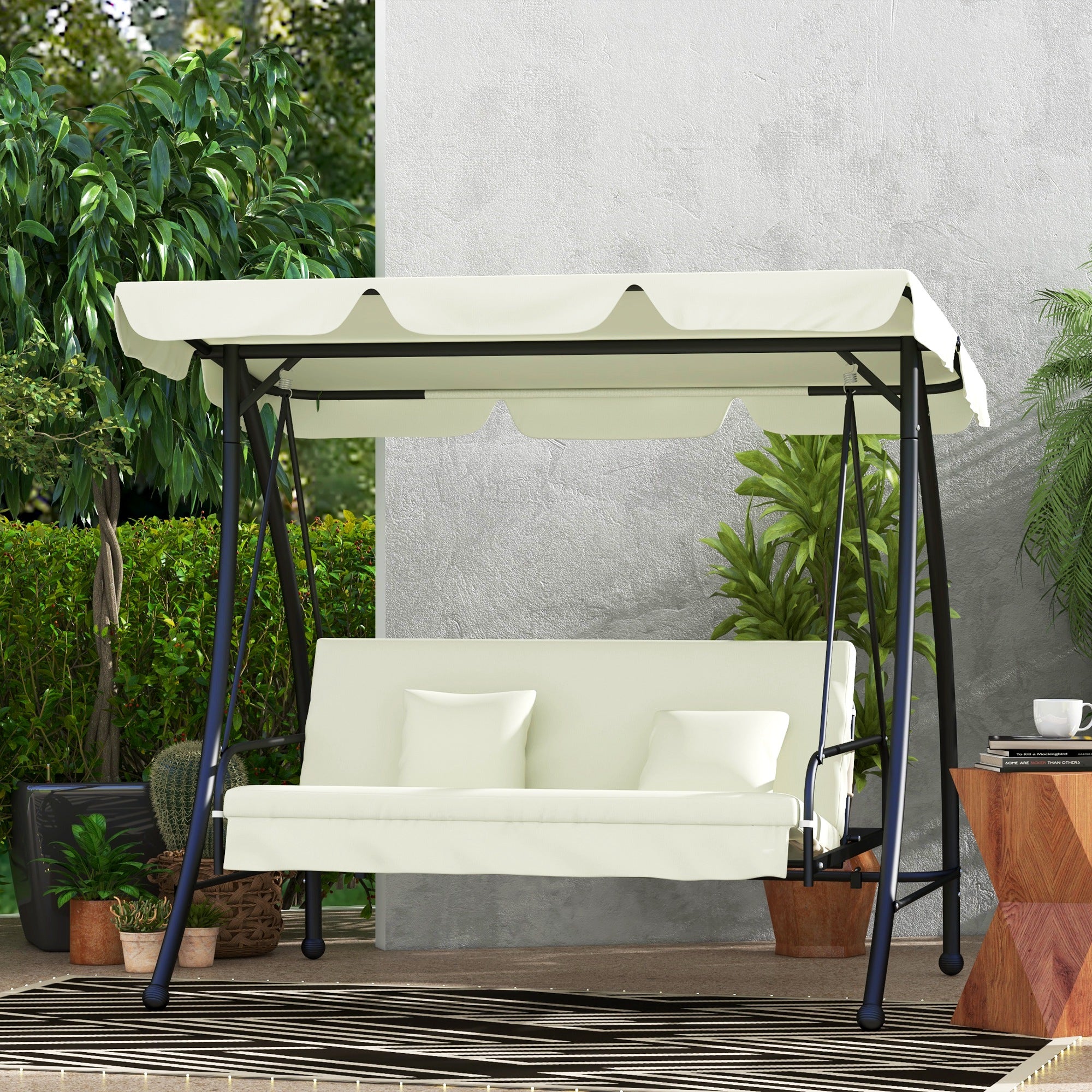 3 Seater Garden Swing Chair with Tilting Canopy - Cream White