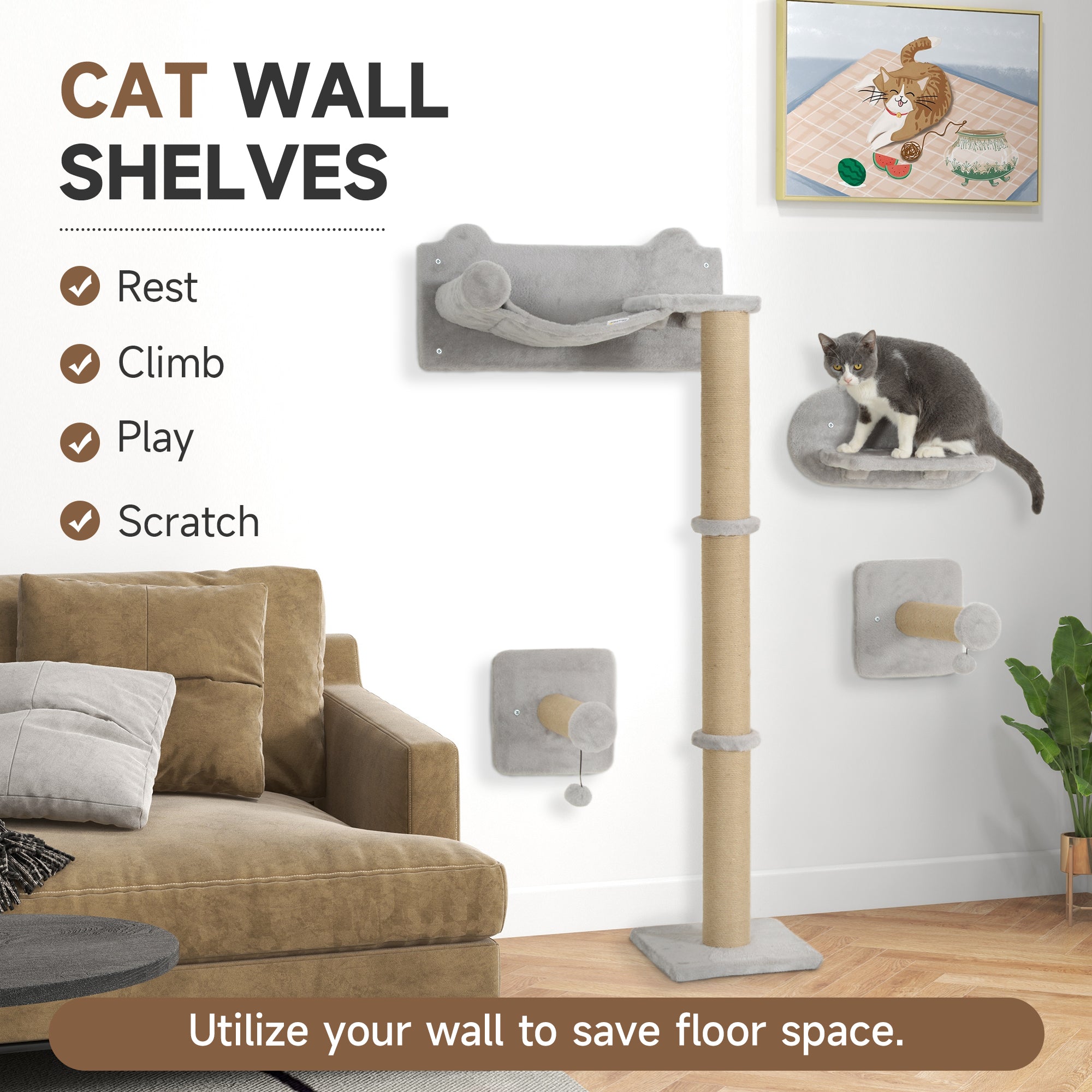 4 Piece Cat Shelves w/ Scratching Post, Steps, Jumping Platform, Ladder, Toy Balls, for Indoor Cats, Light Grey