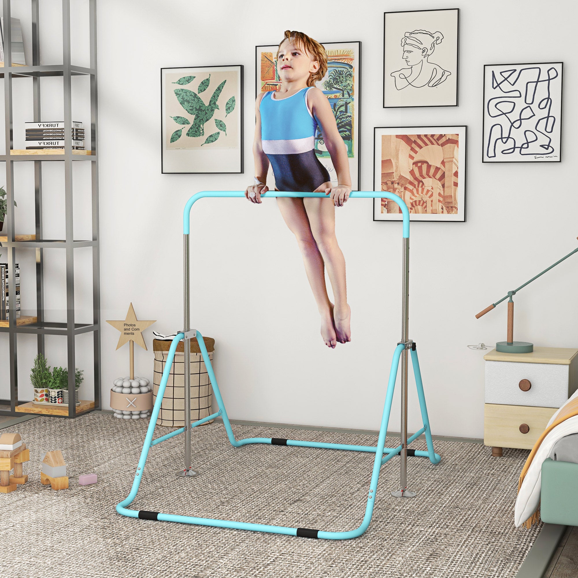 Kids Gymnastic Bar, with Adjustable Height, Foldable Horizontal Bars - Light Blue