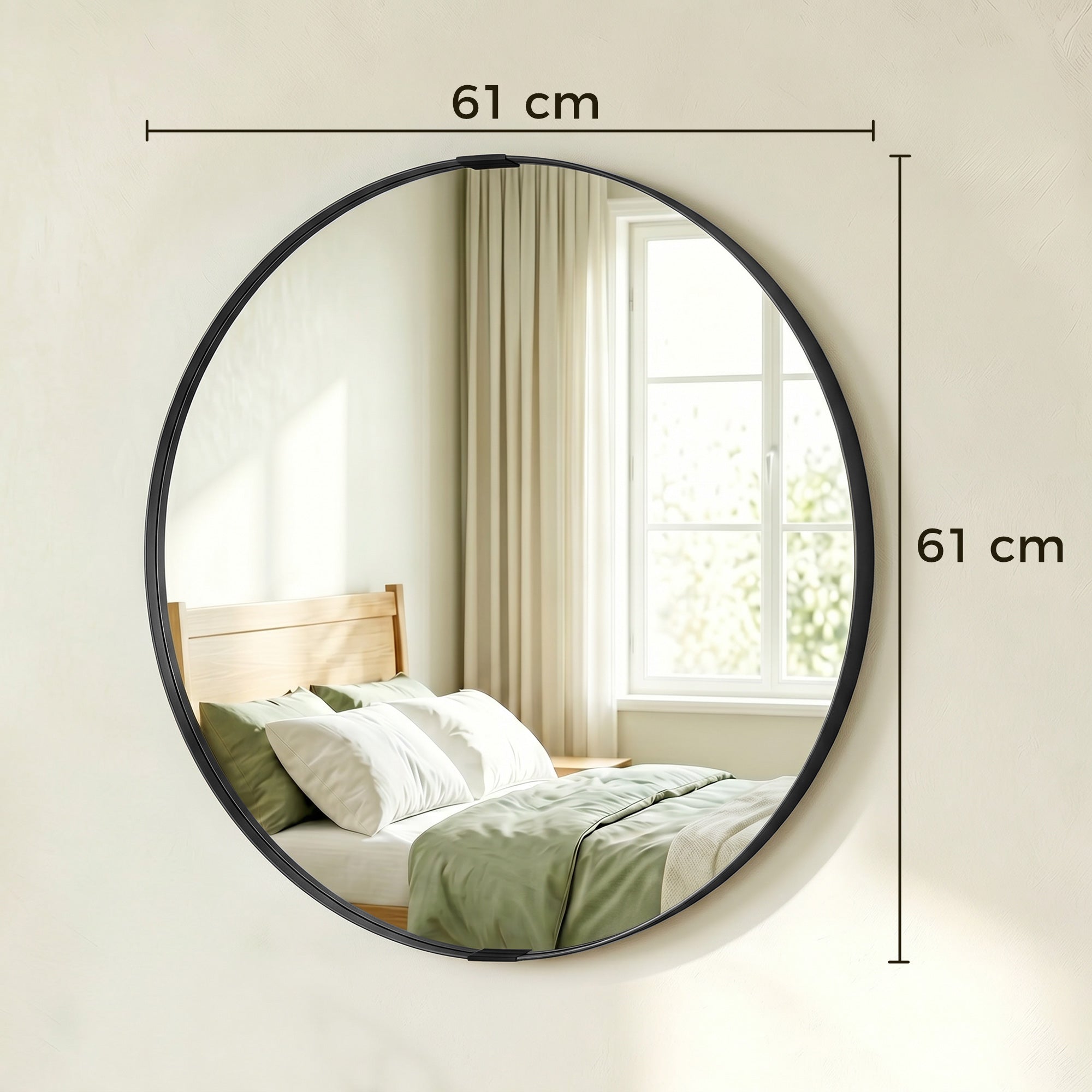 Round Wall Mirror 61 cm, Wall Mounted Bathroom Mirror with Tempered Safety Glass and Aluminium Alloy Frame, Black
