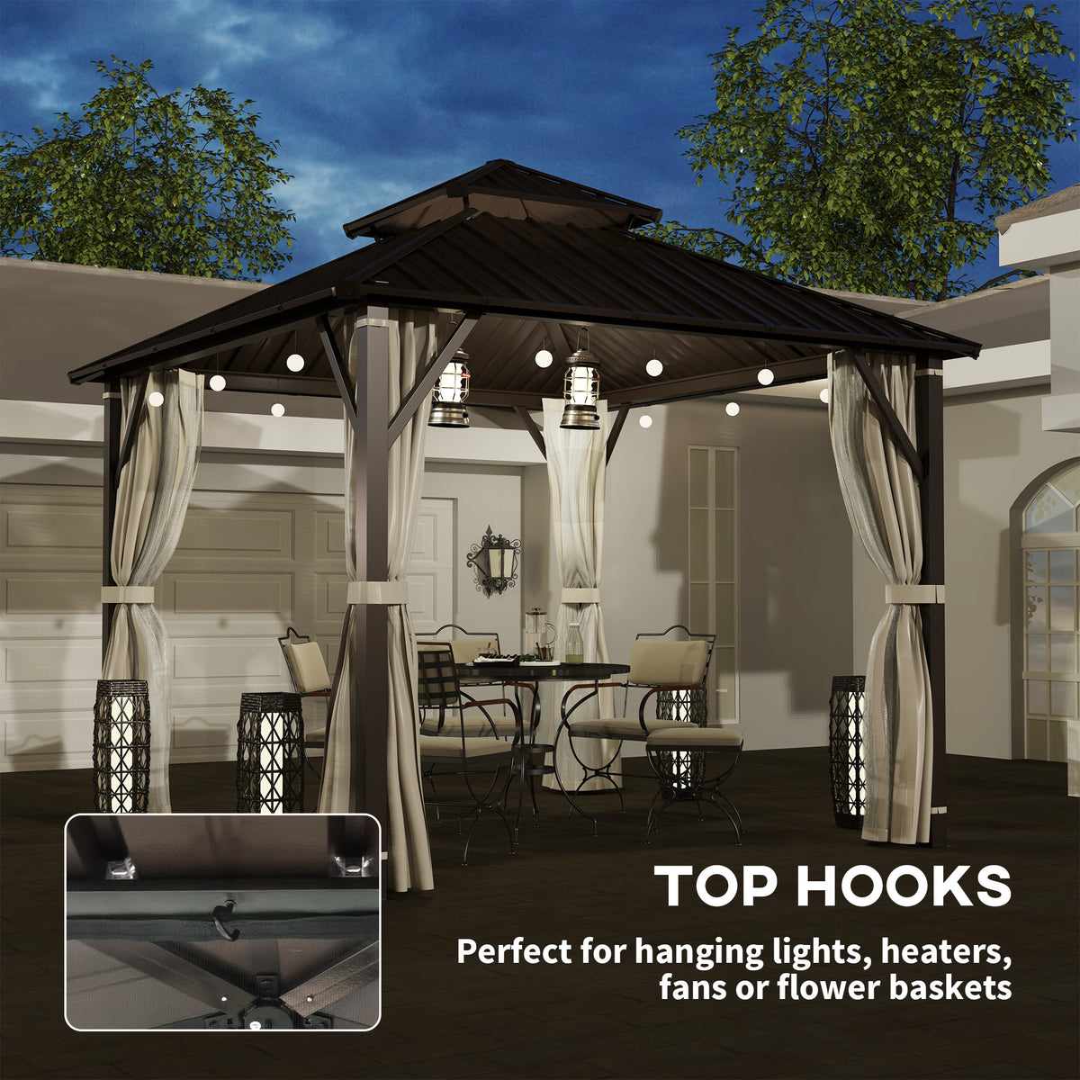 3 x 3m Hardtop Gazebo Canopy with Double Metal Roof, Netting & Curtains - Beige