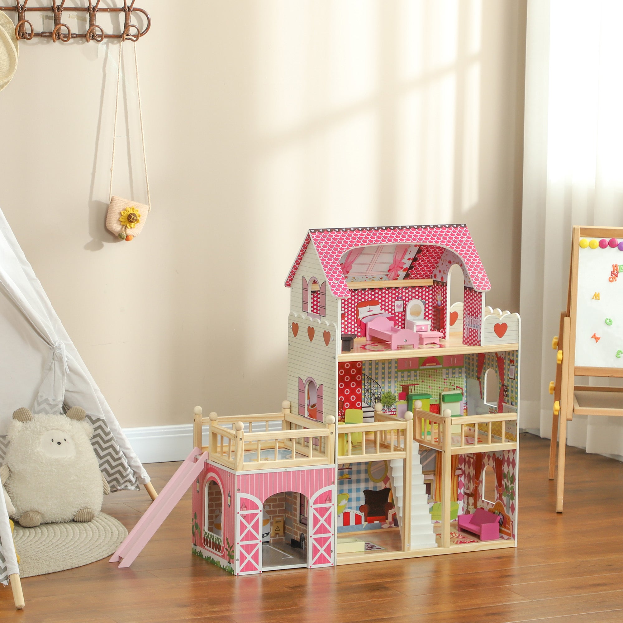 3 Storey Dolls House Play Set with 13 Pieces Wooden Furniture and Accessories for 3-6 Years