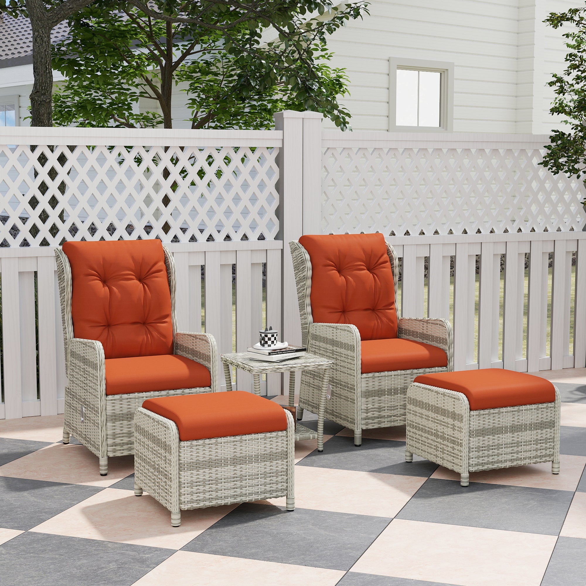 5 Piece Rattan Bistro Set with Cushions and Glass Table Top - Orange