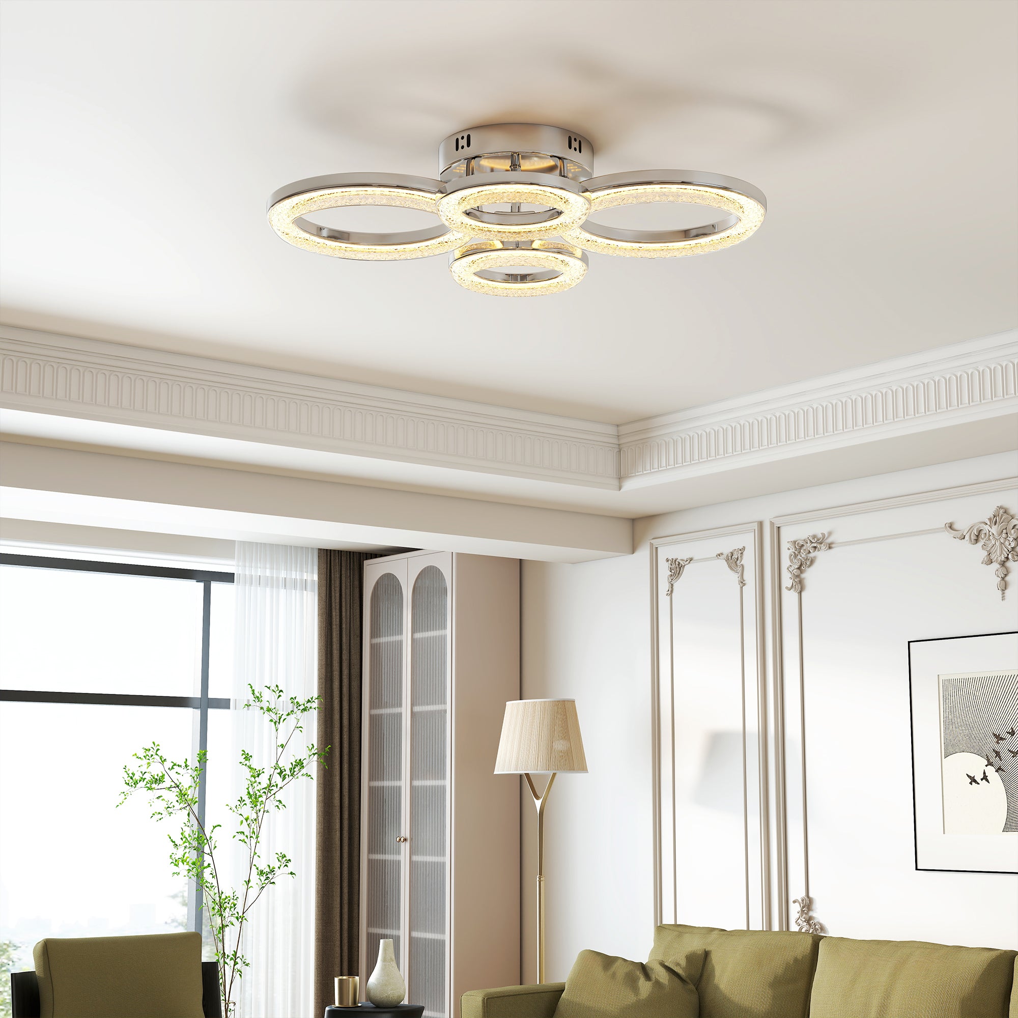 LED Ceiling Light, Modern Dimmable 4 Rings Ceiling Lamp with Wall Switch, 40W 4350lm Flush Mount Ceiling Light with 3500K/4500K/6000K Colour Temperatures for Living Room, Bedroom, Silver Tone